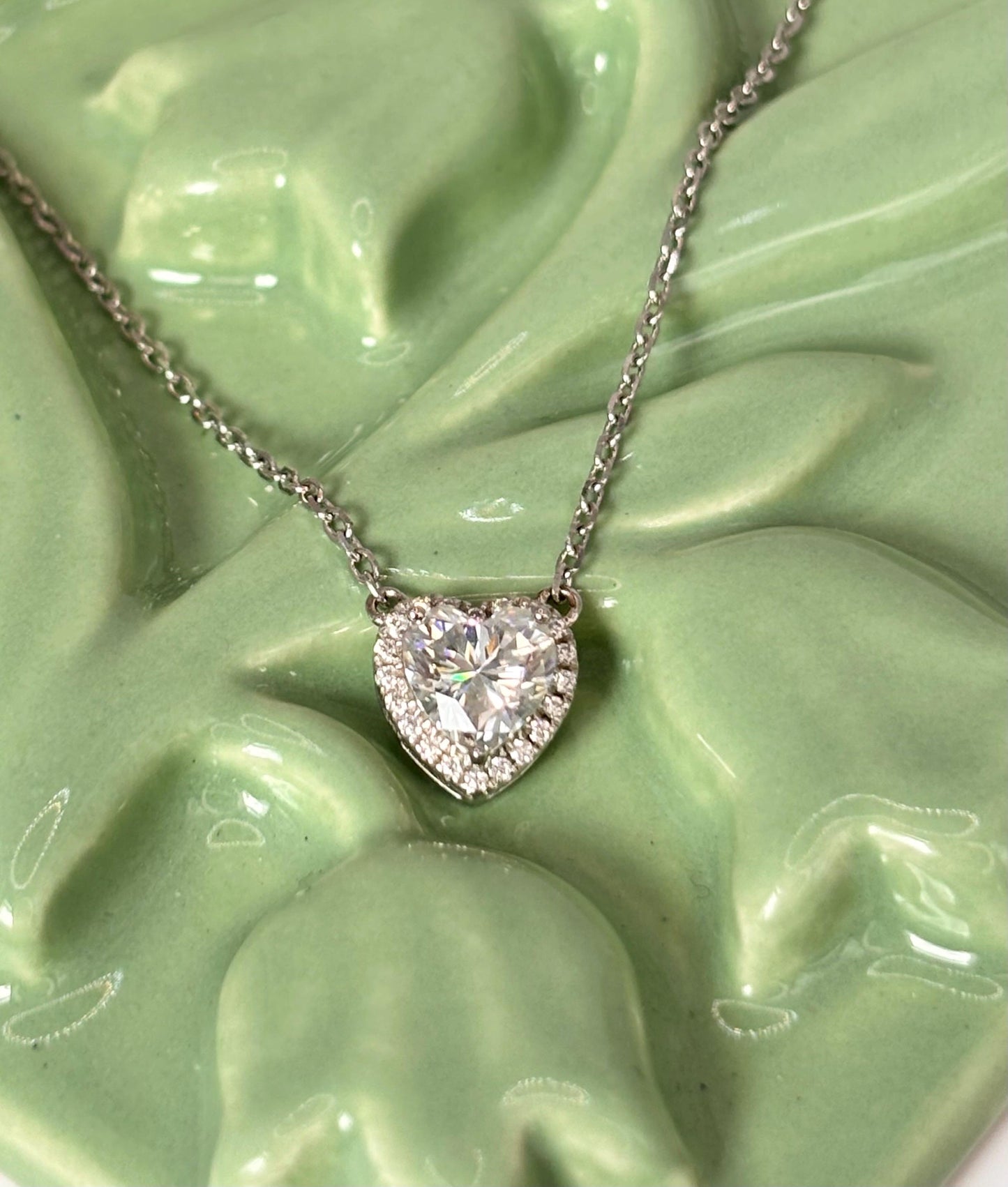 1 Carat Heart Moissanite Necklace, Delicate Halo, Romantic Gift for Her, White Gold Plated
