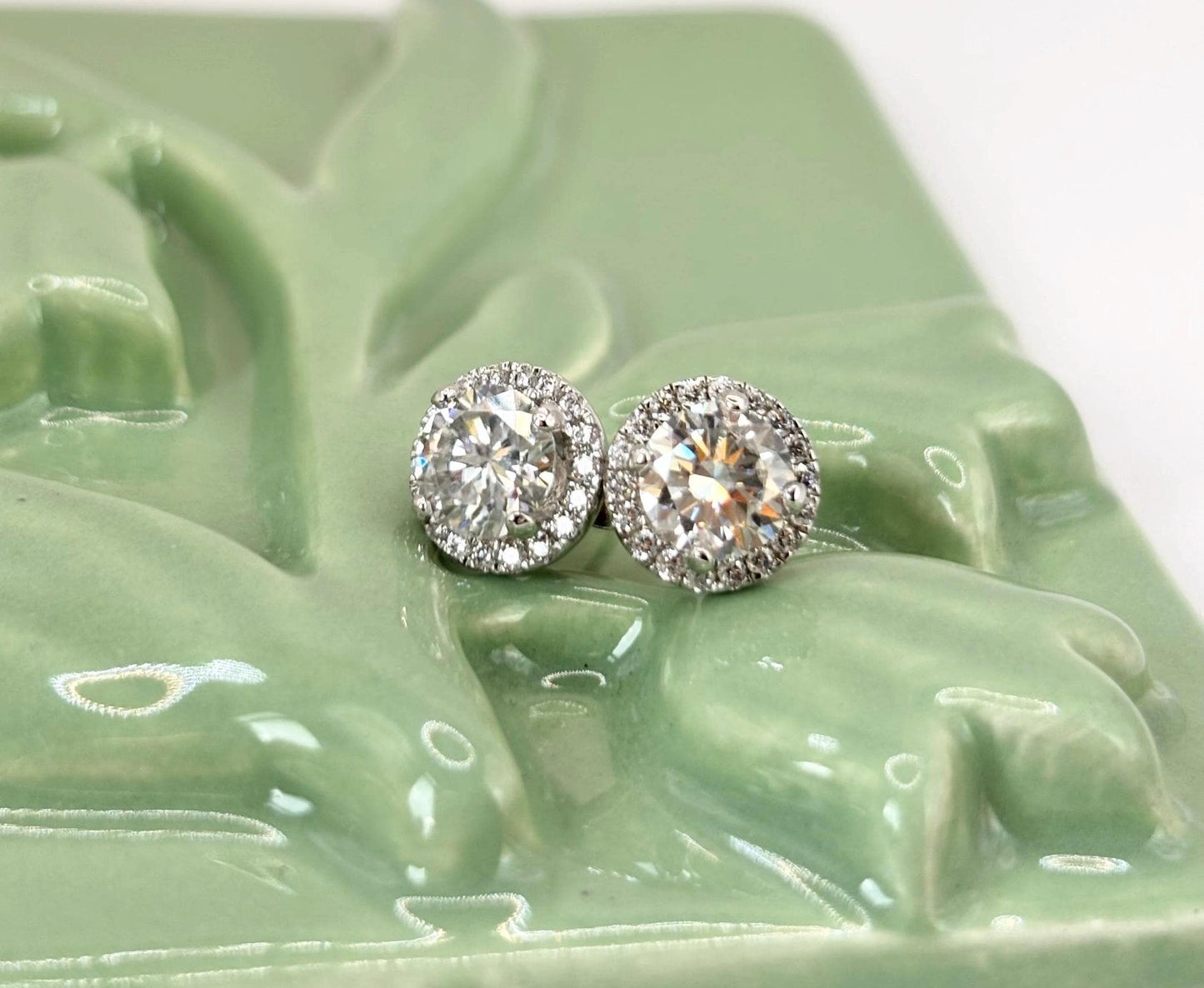 Moissanite Halo Stud Earrings 1 Carat Total, Sterling Silver Diamond Alternative Earrings