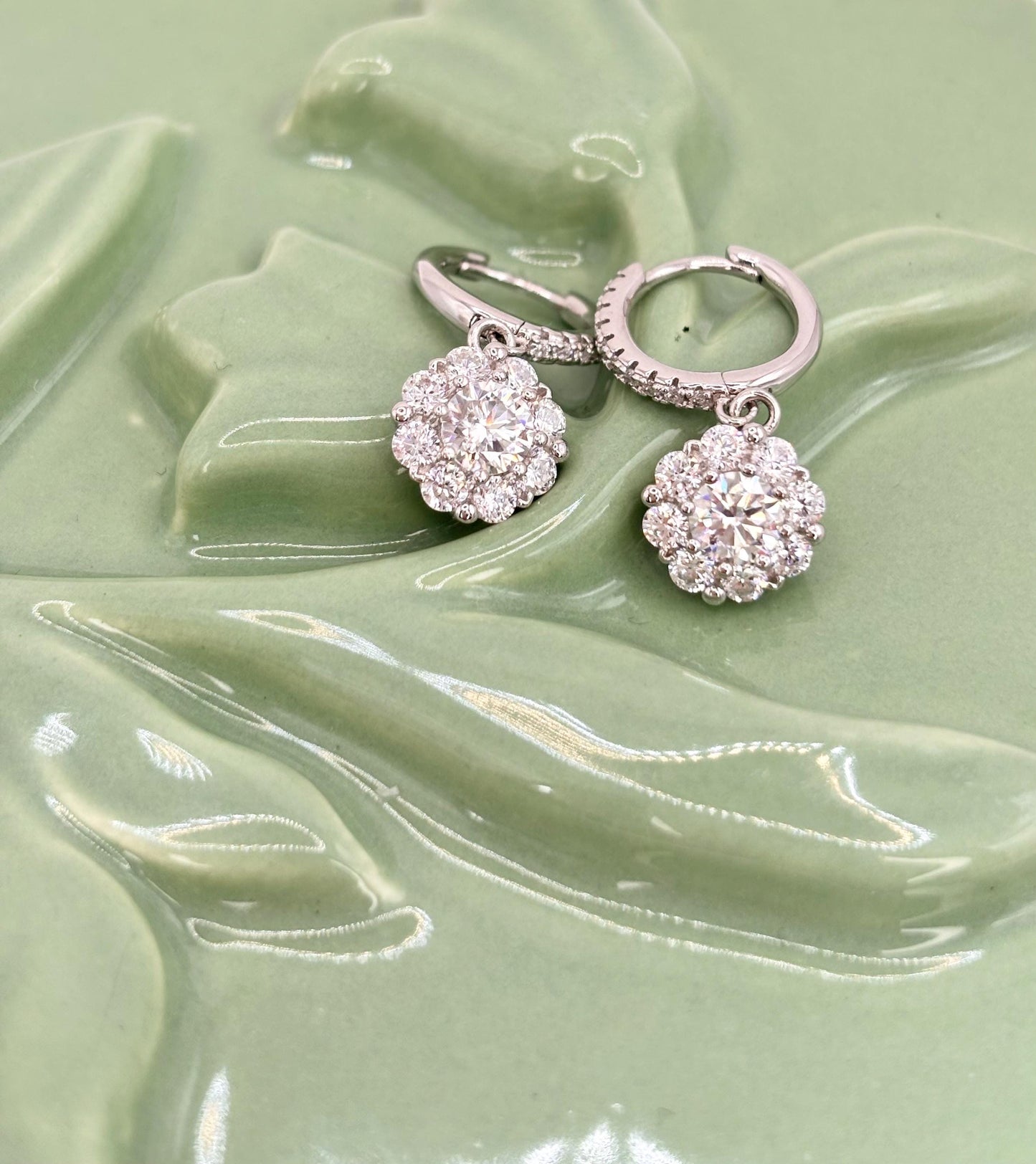 Moissanite Halo Drop Earrings, Sterling Silver Huggie Dangle, Cluster Diamond Alternative, Sparkly Statement Earrings