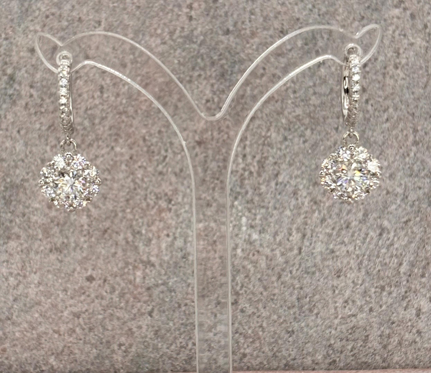 Moissanite Halo Drop Earrings, Sterling Silver Huggie Dangle, Cluster Diamond Alternative, Sparkly Statement Earrings