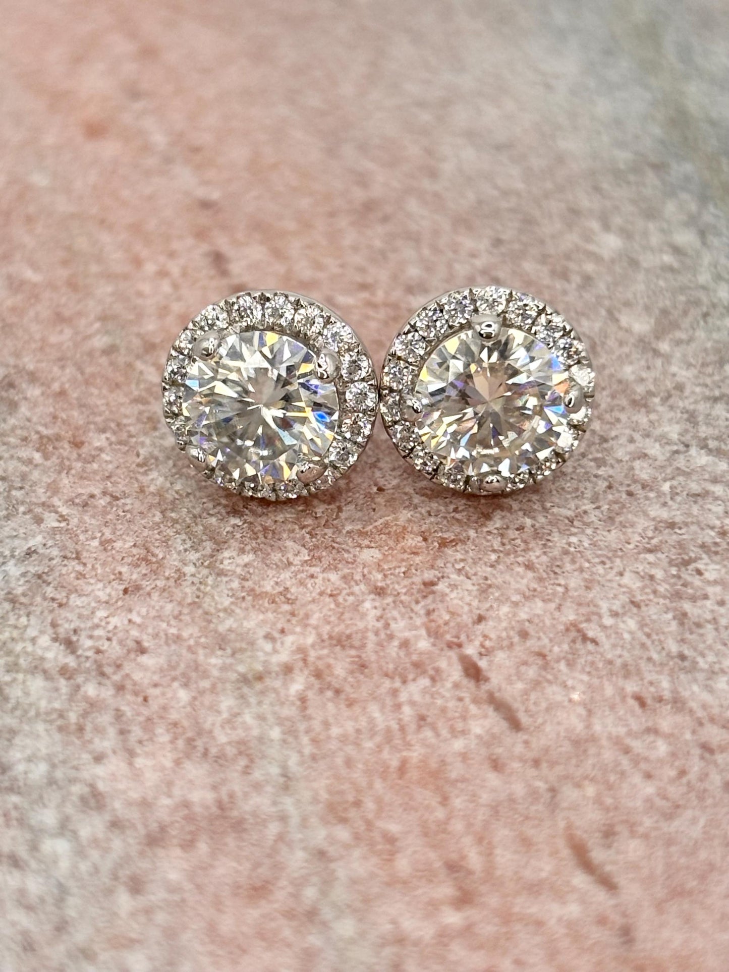 Moissanite Halo Stud Earrings 1 Carat Total, Sterling Silver Diamond Alternative Earrings
