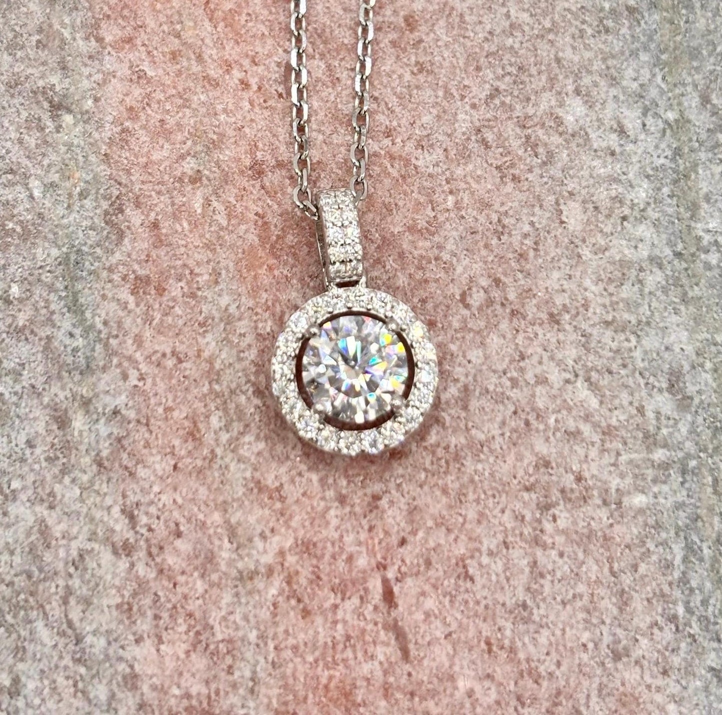 1 Carat Moissanite Halo Necklace, Dainty Everyday Pendant, 18K White Gold Plated Silver Gift