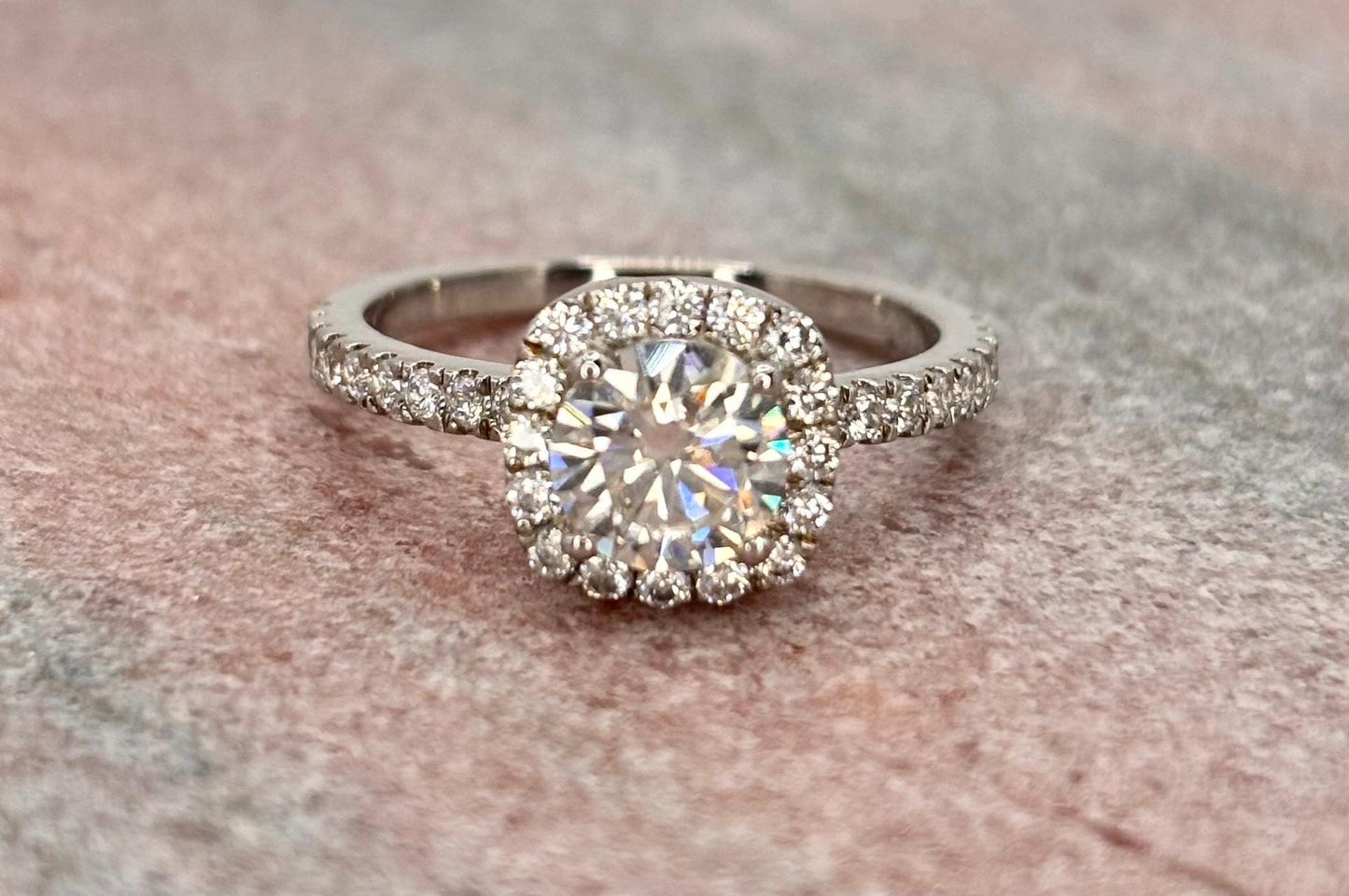 1 Carat Moissanite Halo Engagement Ring, Sterling Silver Bridal Band, Diamond alternative Promise Ring