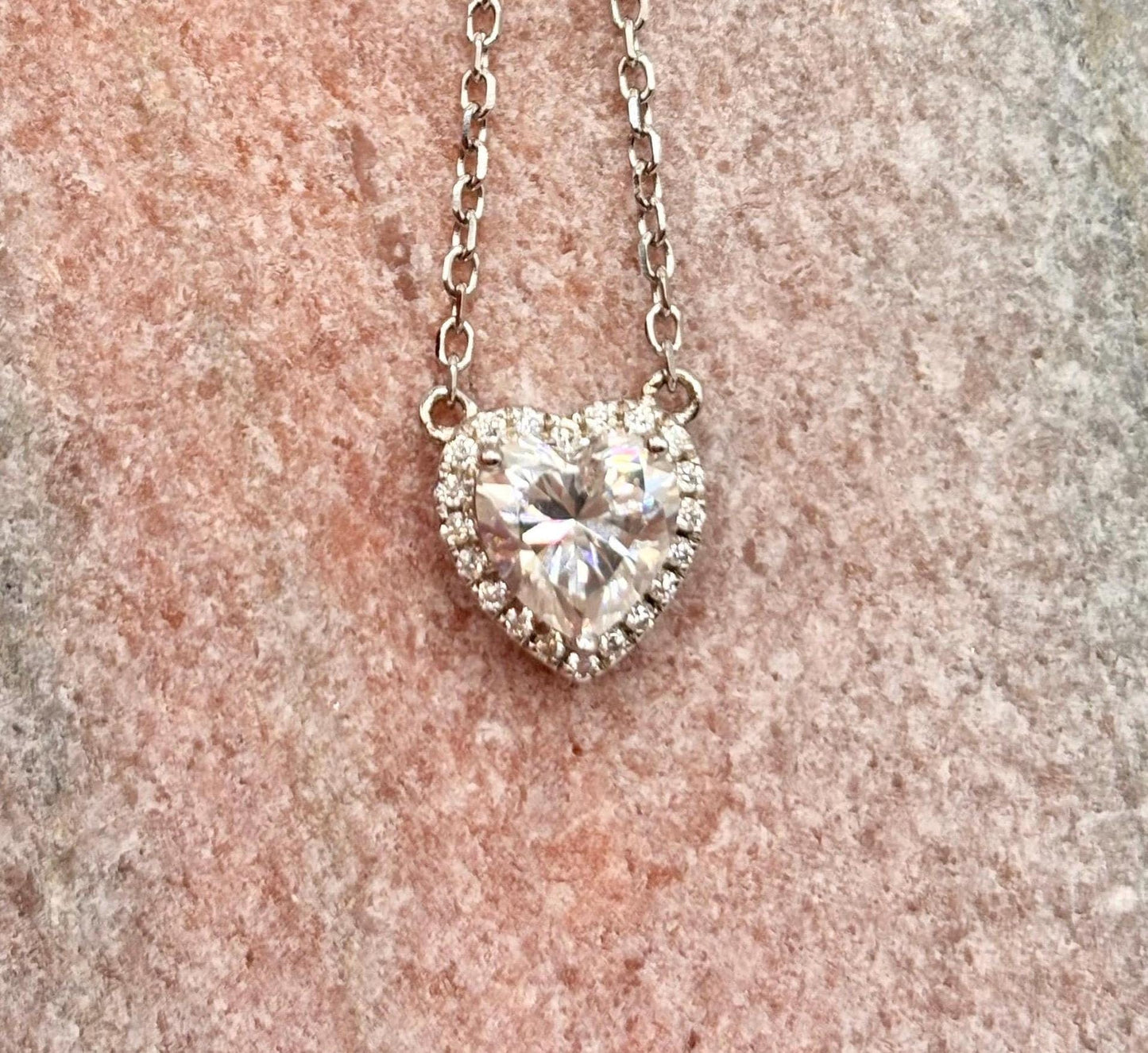 1 Carat Heart Moissanite Necklace, Delicate Halo, Romantic Gift for Her, White Gold Plated