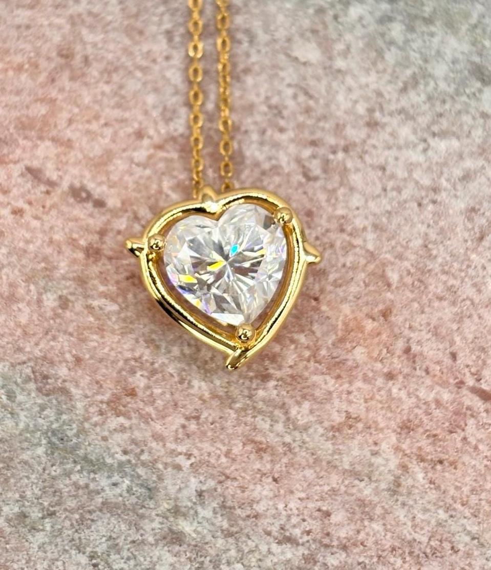 2 Carat Heart Moissanite Necklace, 18K Yellow Gold Halo Pendant, Everyday Elegant Jewelry