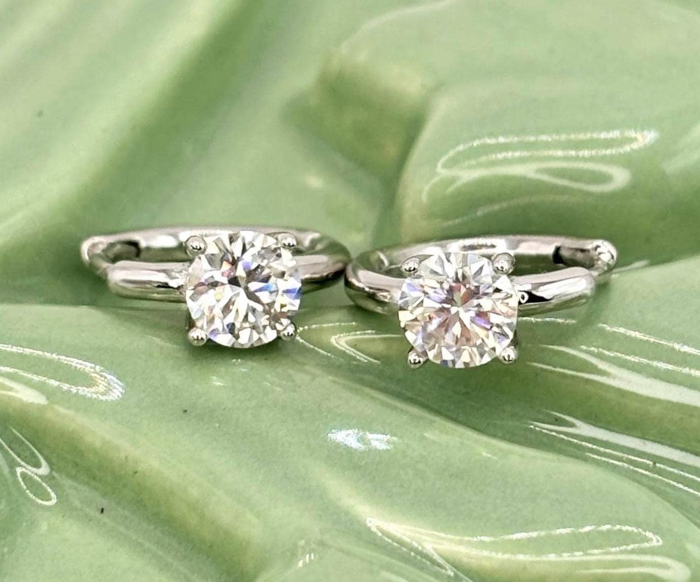 Moissanite Hoop Earrings, Sterling Silver Huggie Earrings, Dainty Minimalist Hoops, Gift for Her
