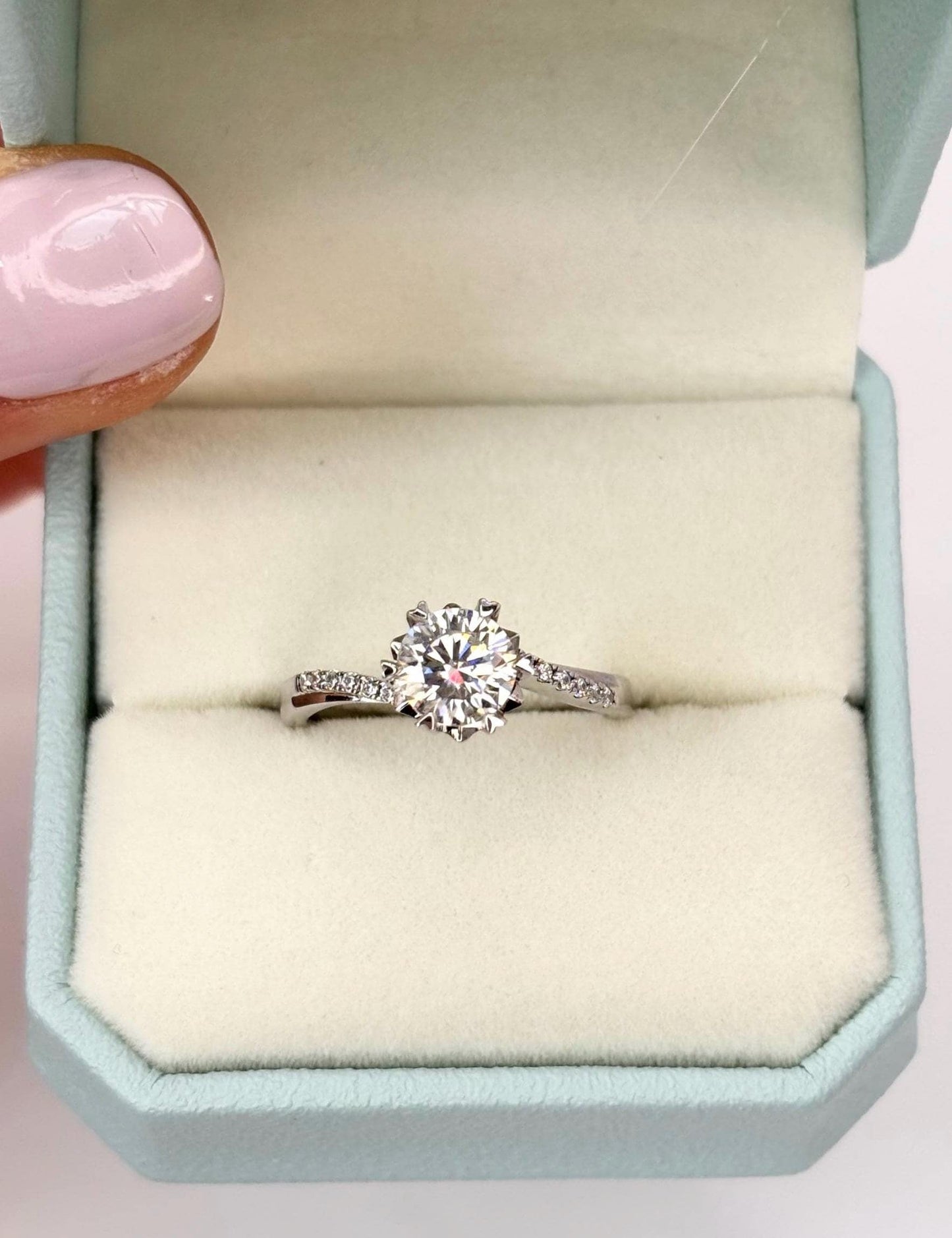 Round Moissanite Halo Ring 1 Carat, Sterling Silver Bridal Ring Diamond Alternative Engagement Jewelry