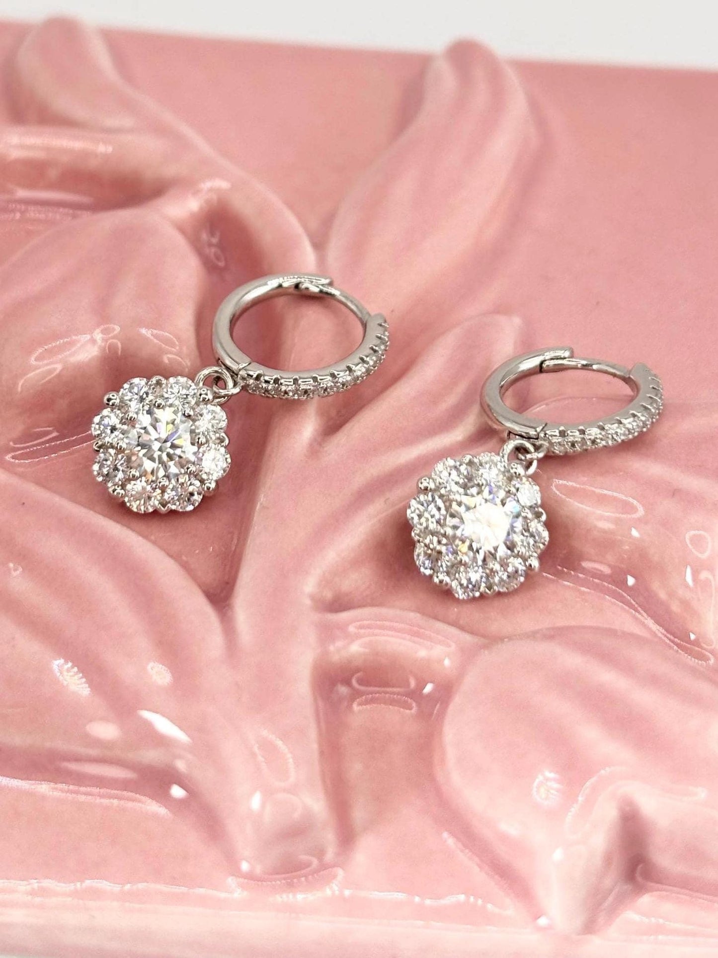 Moissanite Halo Drop Earrings, Sterling Silver Huggie Dangle, Cluster Diamond Alternative, Sparkly Statement Earrings