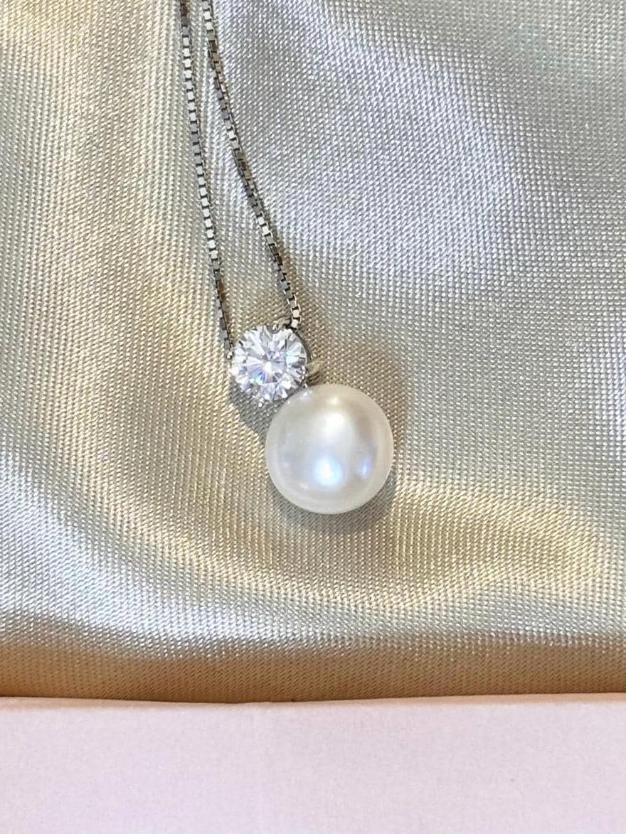 Freshwater Pearl Zircon Pendant, 925 Sterling Silver Chain, Dainty Minimalist Jewelry, Bridal Bridesmaid Accessory