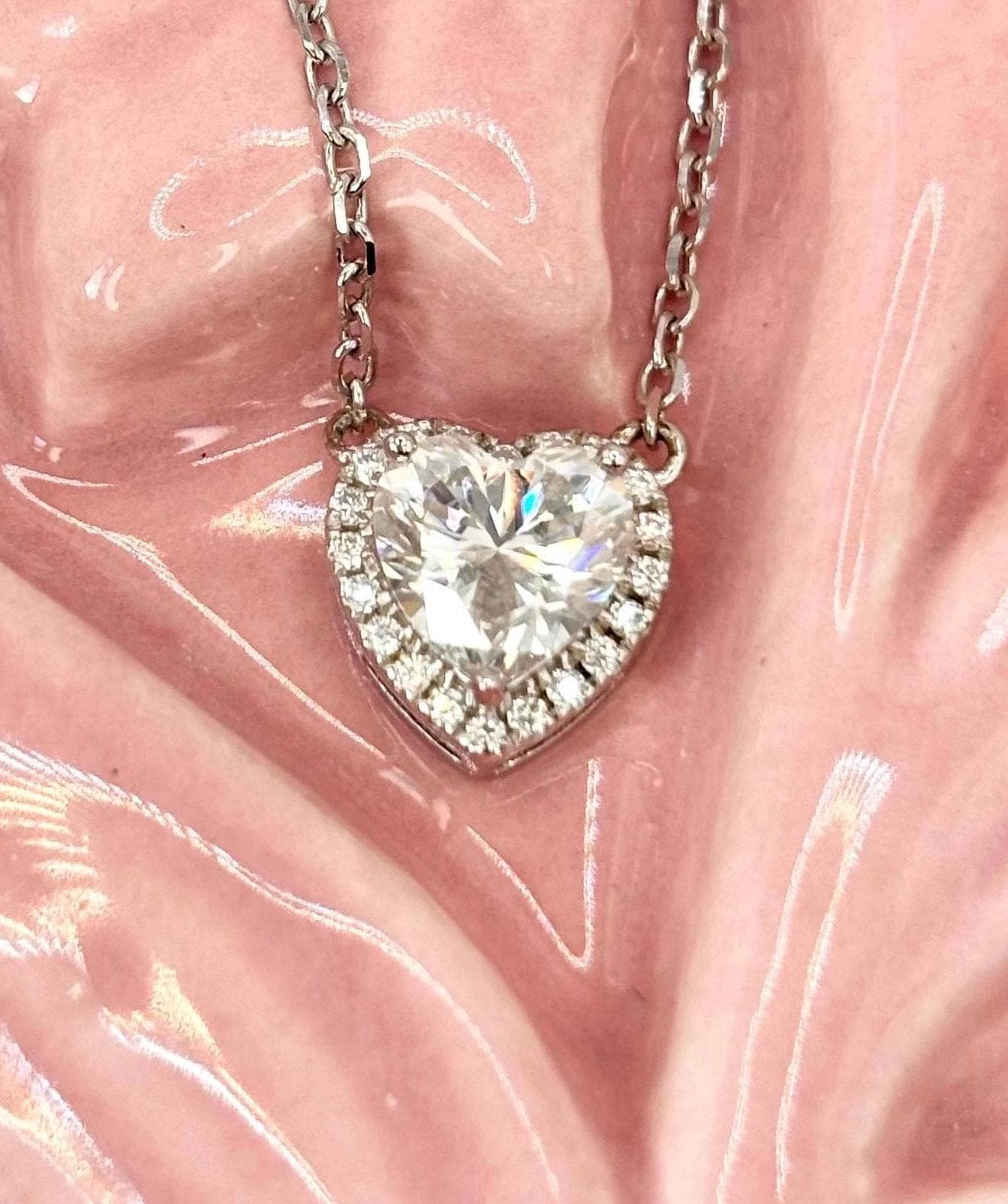 1 Carat Heart Moissanite Necklace, Delicate Halo, Romantic Gift for Her, White Gold Plated