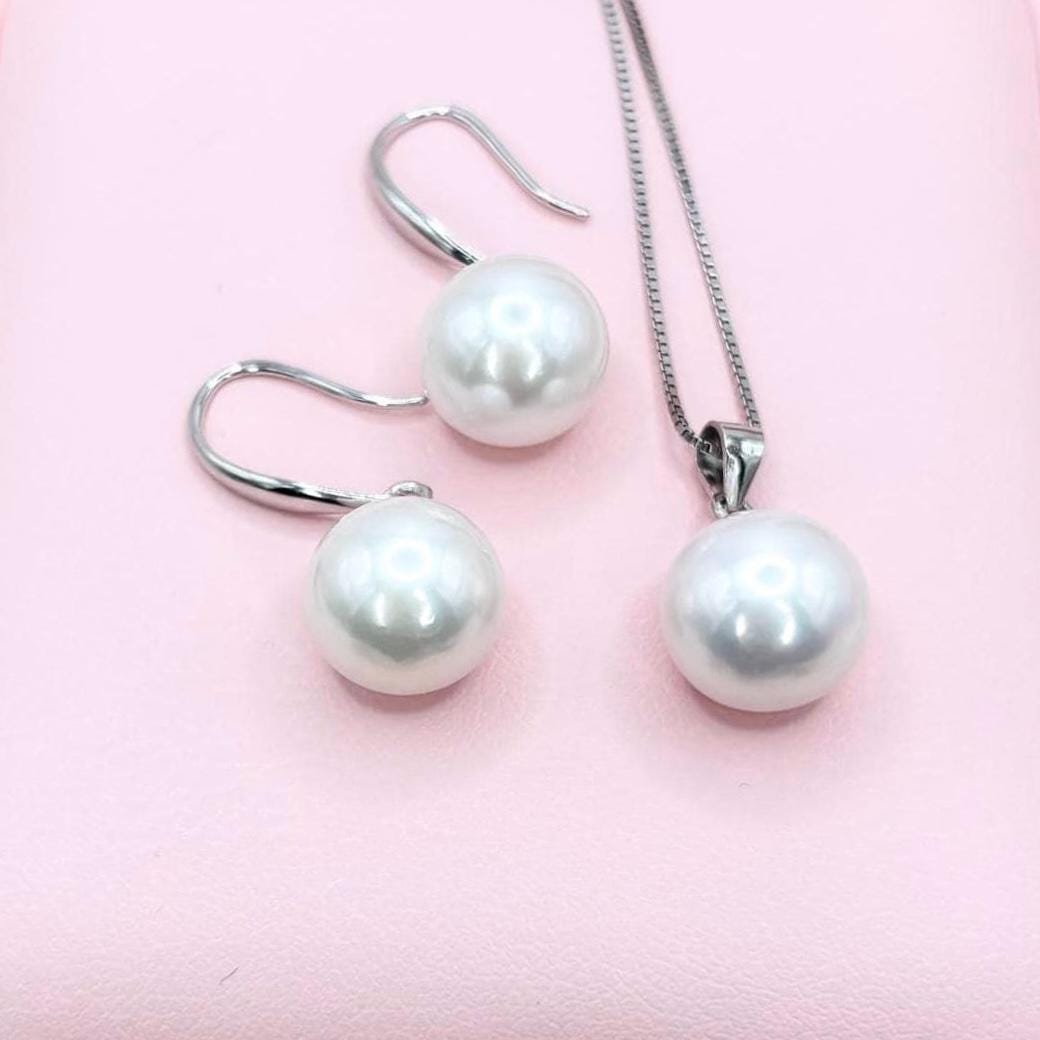 Freshwater Pearl Necklace Earrings Set, 925 Sterling Silver, Minimalist Elegant Jewelry