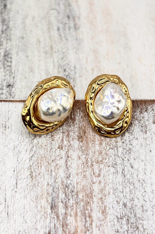 Gold Plated Baroque Pearl Style Stud Earrings, Vintage Inspired Statement Jewelry