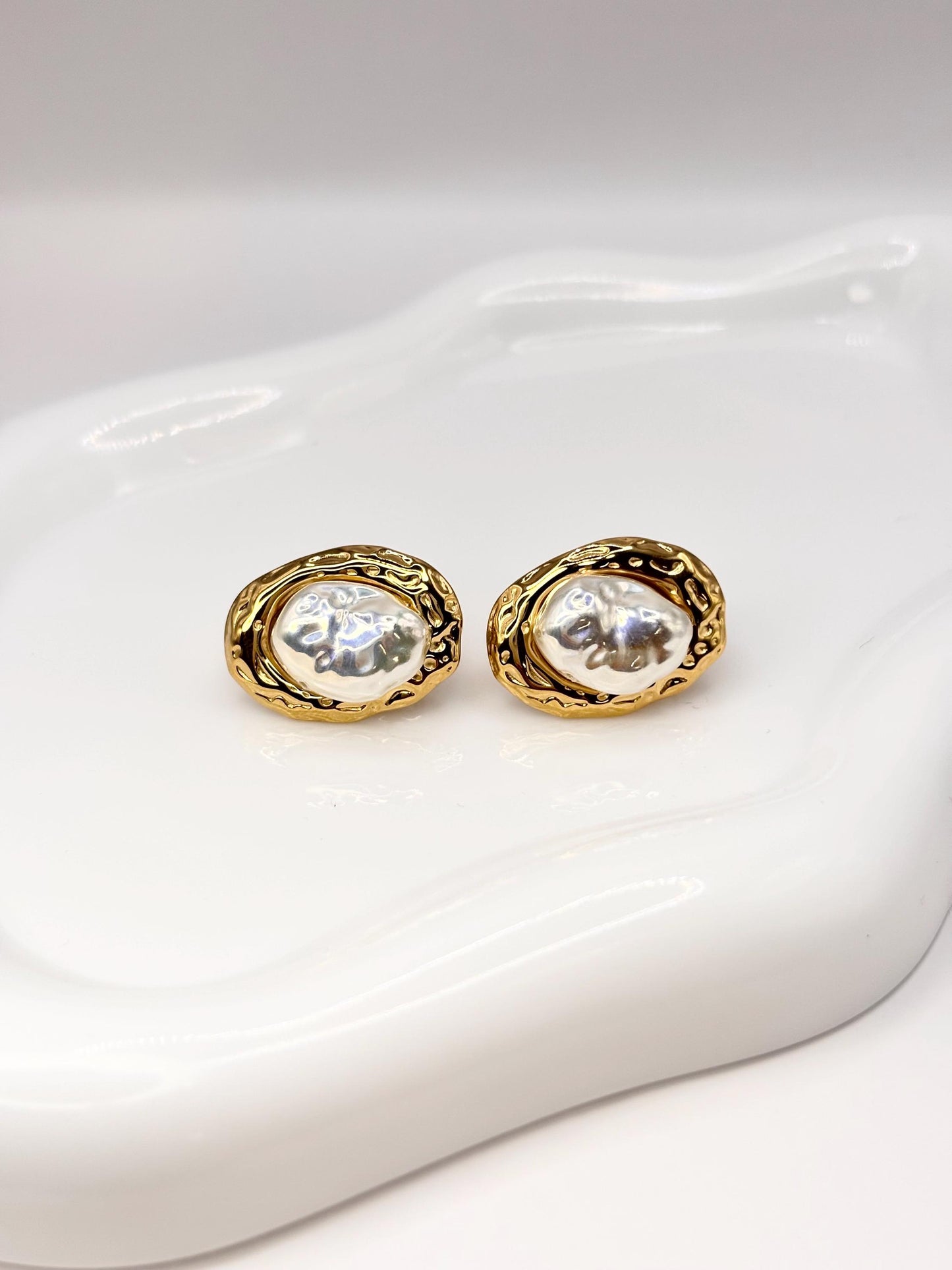 Gold Plated Baroque Pearl Style Stud Earrings, Vintage Inspired Statement Jewelry