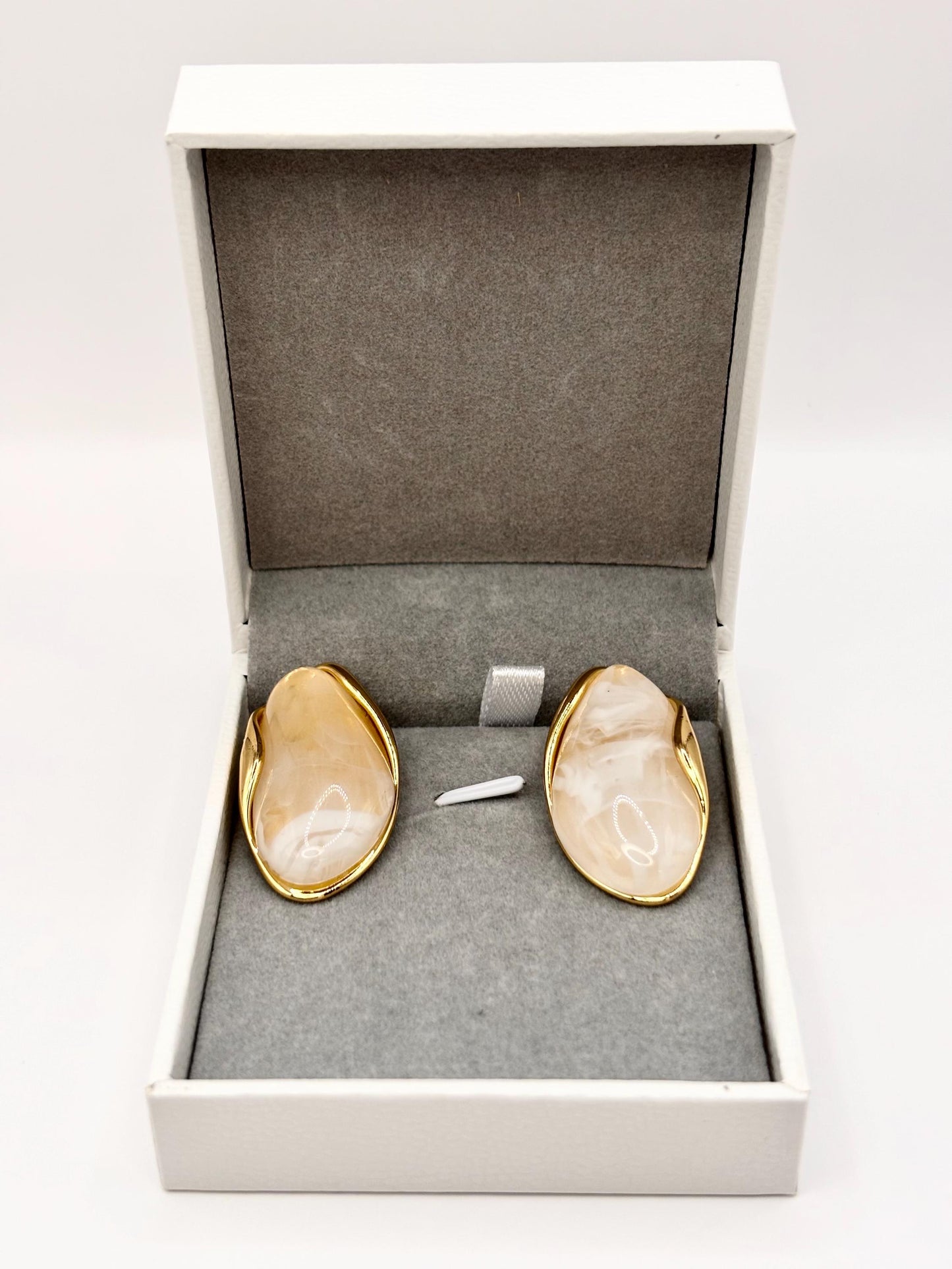 Gold Plated Marbled Resin Stud Earrings, Cream Vintage Inspired Statement