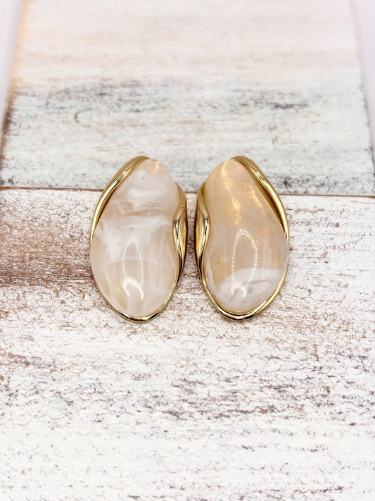 Gold Plated Marbled Resin Stud Earrings, Cream Vintage Inspired Statement
