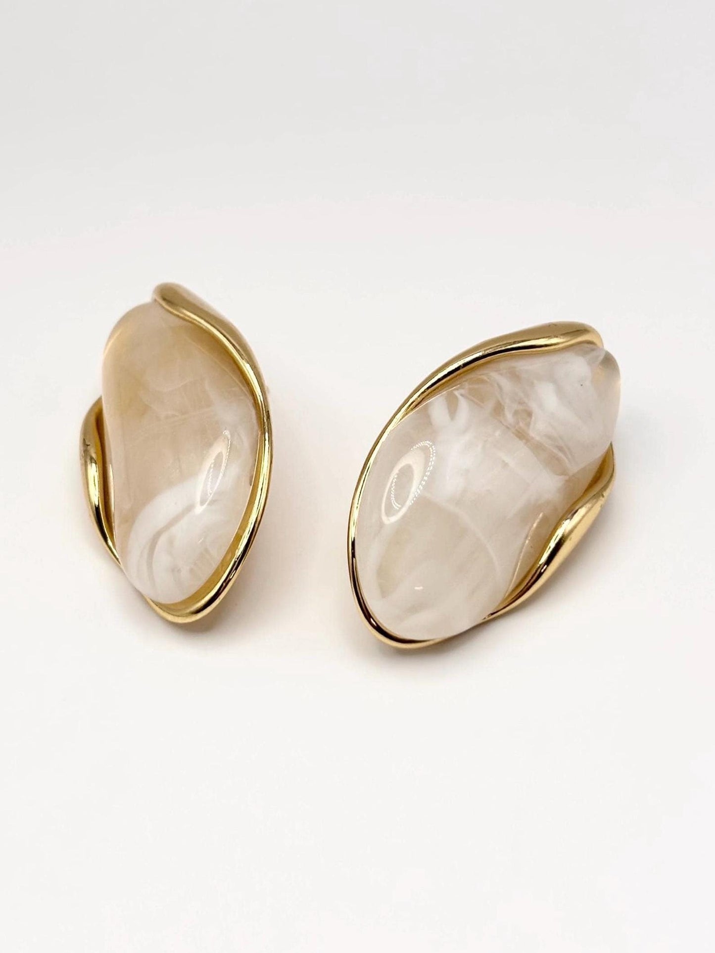 Gold Plated Marbled Resin Stud Earrings, Cream Vintage Inspired Statement