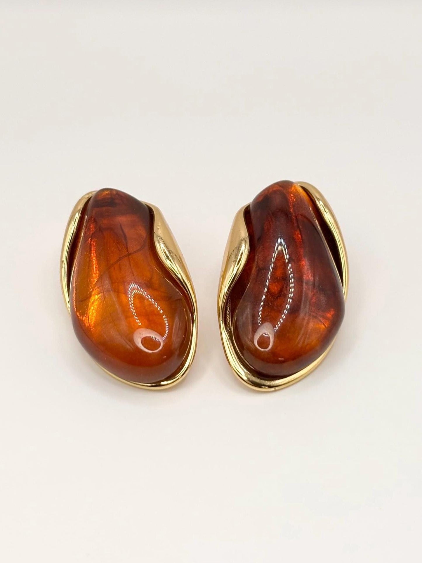 Gold Plated Amber Resin Stud Earrings, Brown Statement Earrings, Vintage Inspired Organic Studs