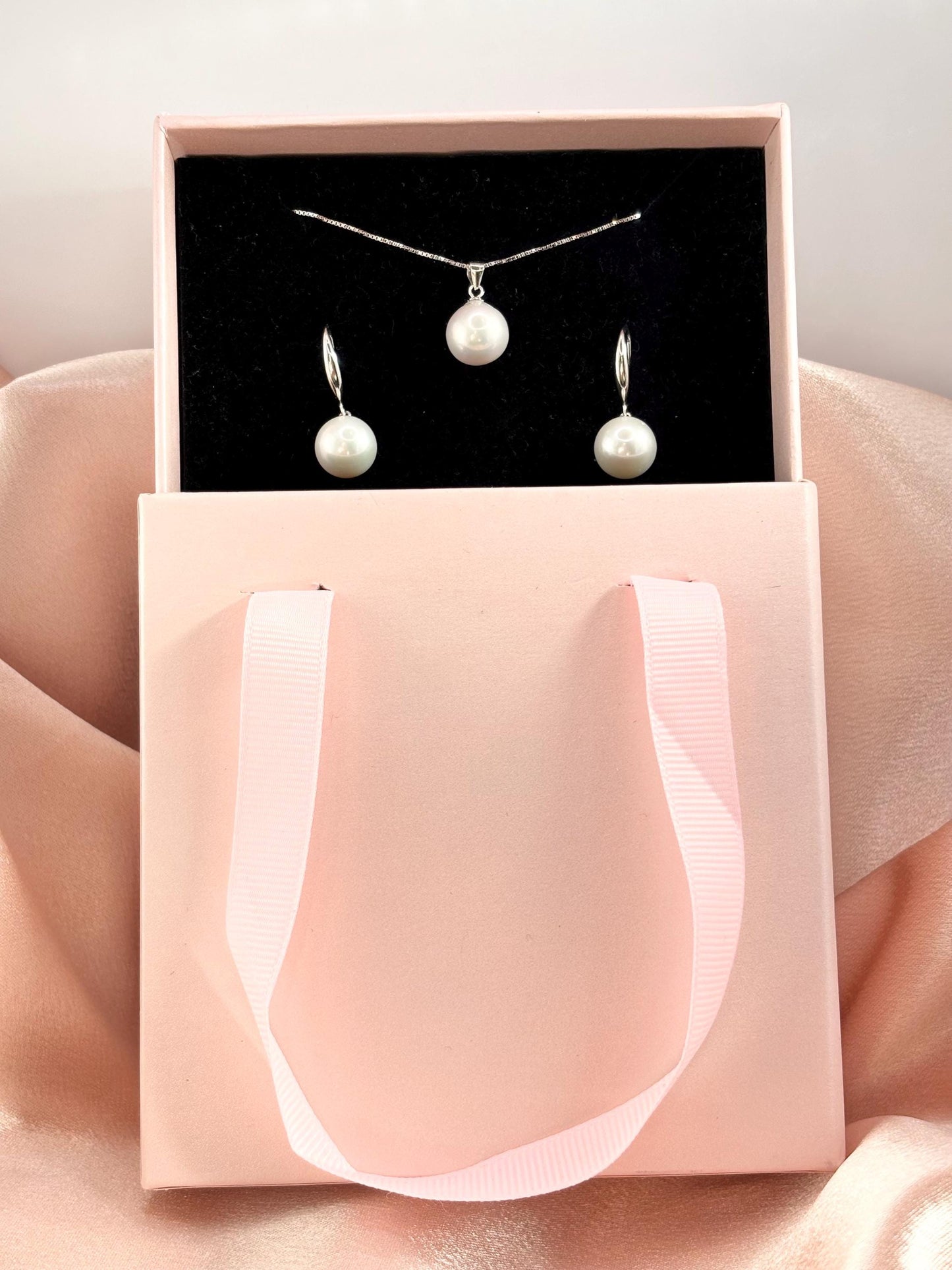 Sterling Silver Freshwater Pearl Necklace Earrings Set, Classic Pearl Jewelry Gift for Women