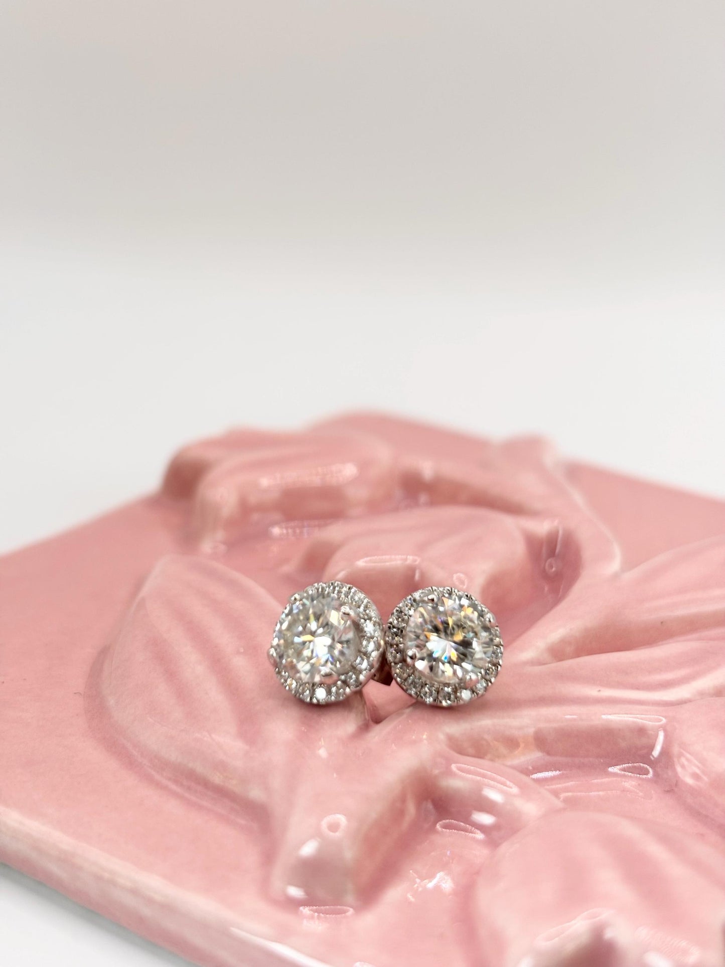 Moissanite Halo Stud Earrings 1 Carat Total, Sterling Silver Diamond Alternative Earrings