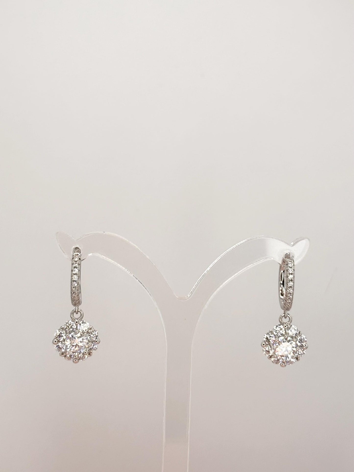 Moissanite Halo Drop Earrings, Sterling Silver Huggie Dangle, Cluster Diamond Alternative, Sparkly Statement Earrings