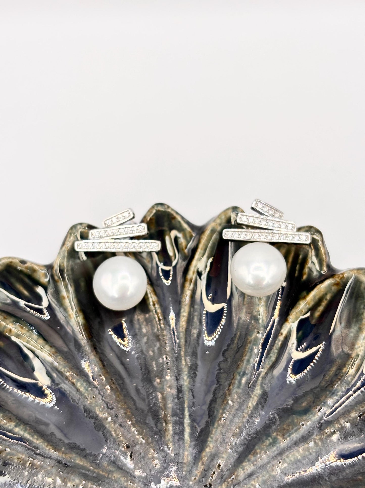 Freshwater Pearl Stud Earrings, 925 Sterling Silver, CZ Bar, Minimalist Elegant Jewelry