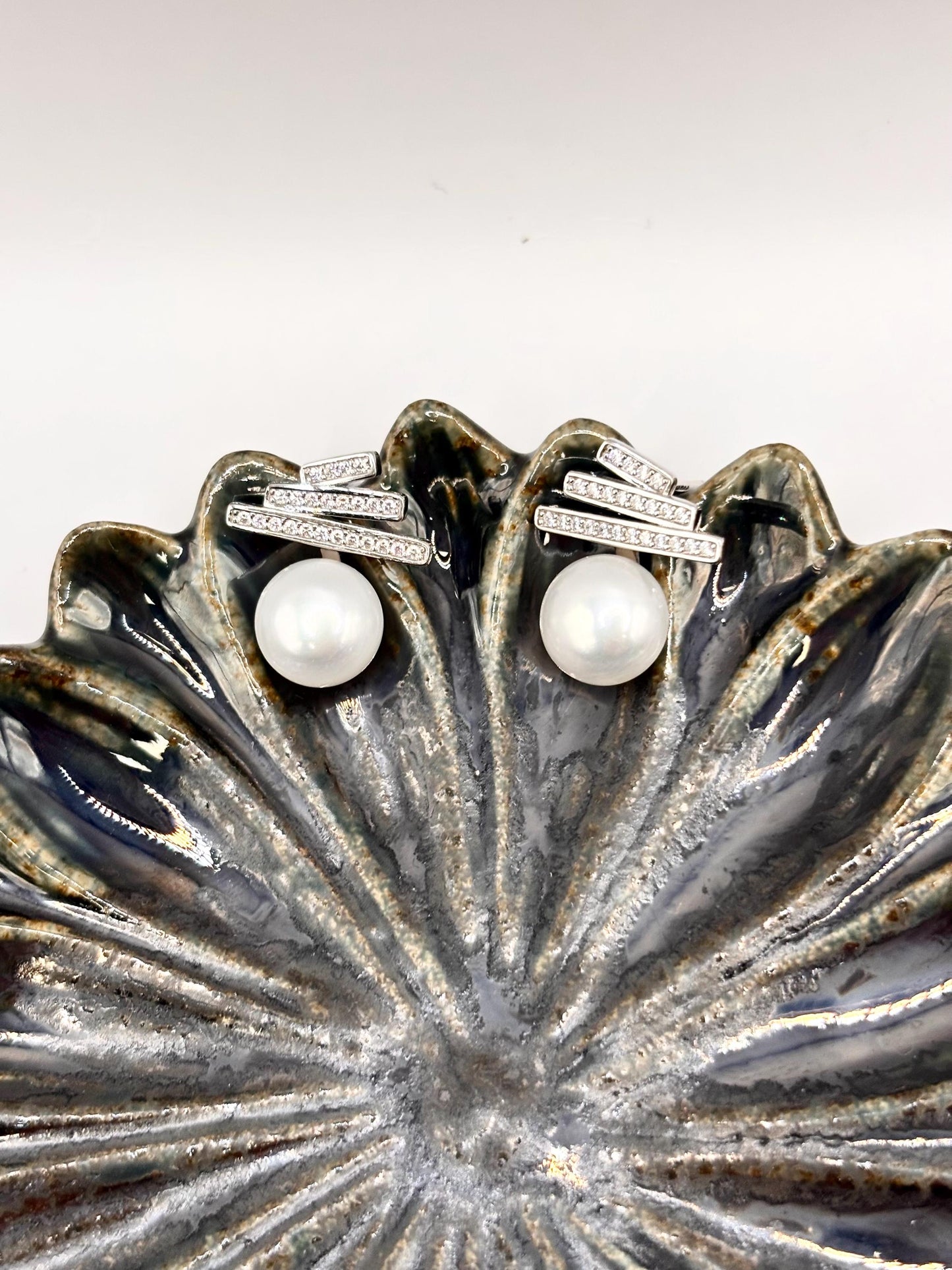 Freshwater Pearl Stud Earrings, 925 Sterling Silver, CZ Bar, Minimalist Elegant Jewelry
