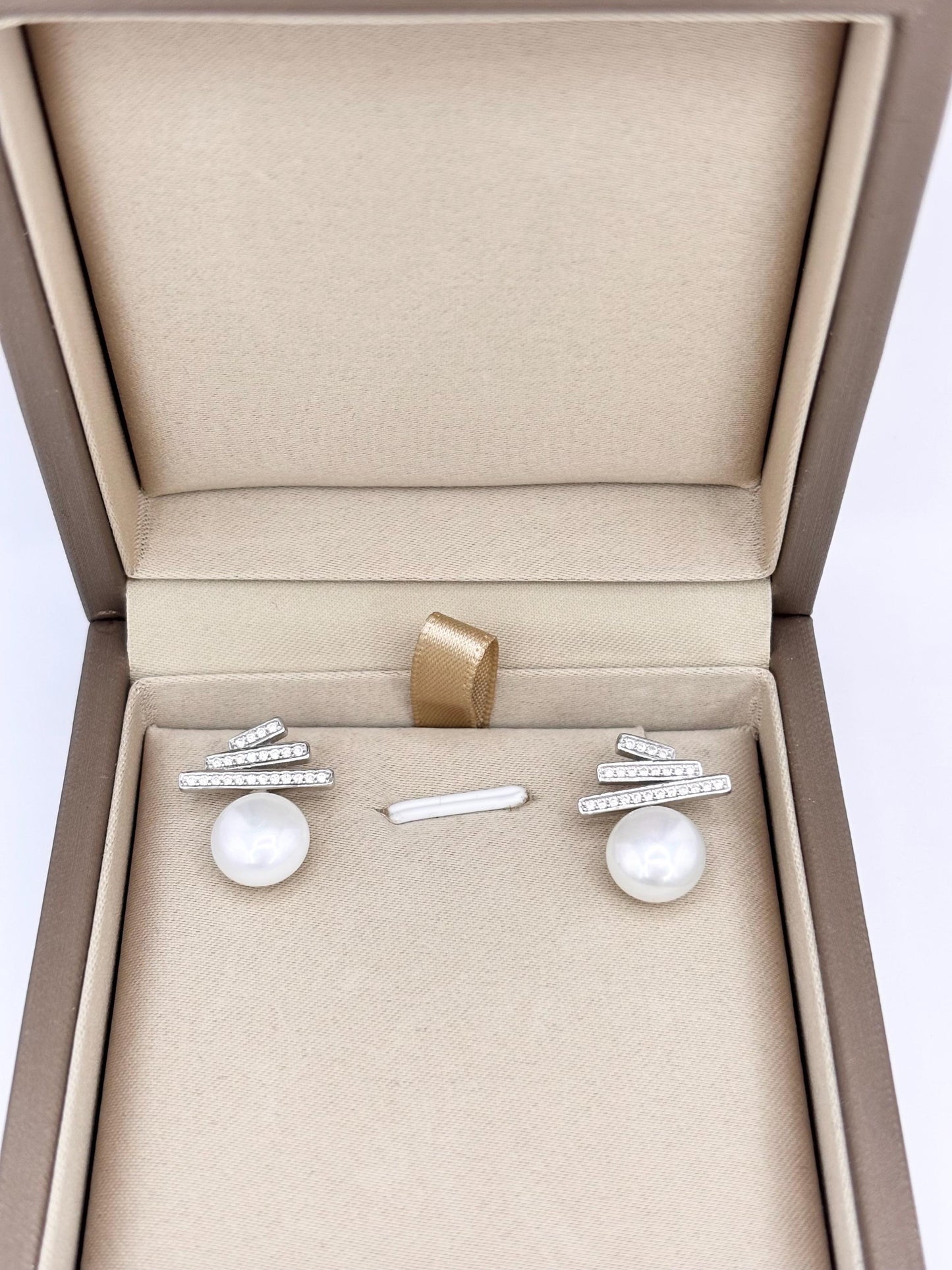 Freshwater Pearl Stud Earrings, 925 Sterling Silver, CZ Bar, Minimalist Elegant Jewelry