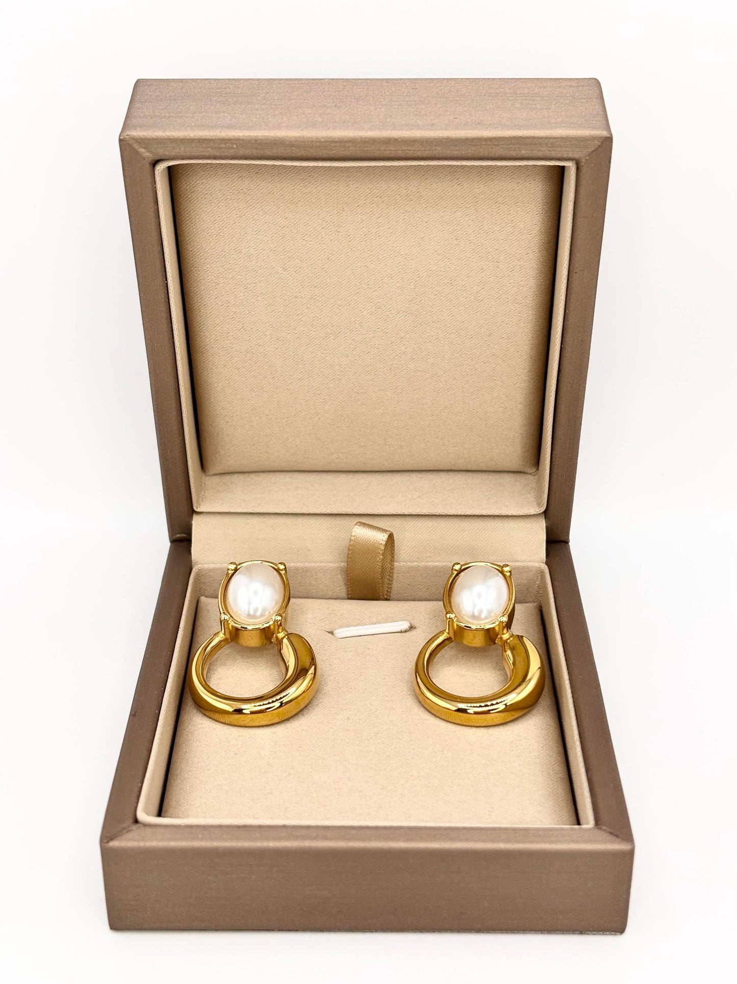 Gold Plated Baroque Pearl Stud Earrings, Textured Hoop Dangle Statement Jewelry