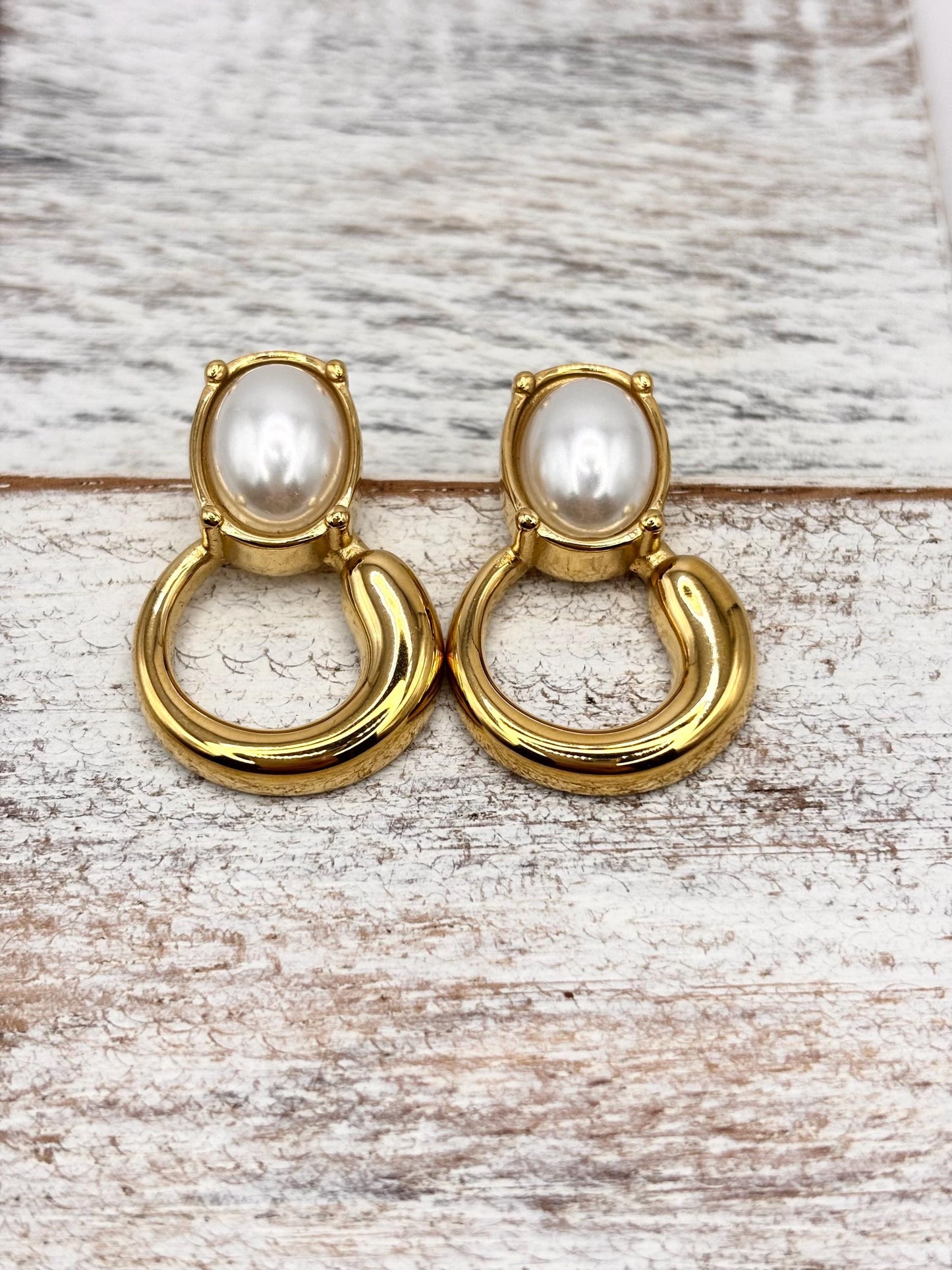 Gold Plated Baroque Pearl Stud Earrings, Textured Hoop Dangle Statement Jewelry