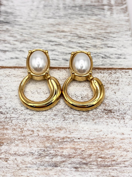 Gold Plated Baroque Pearl Stud Earrings, Textured Hoop Dangle Statement Jewelry