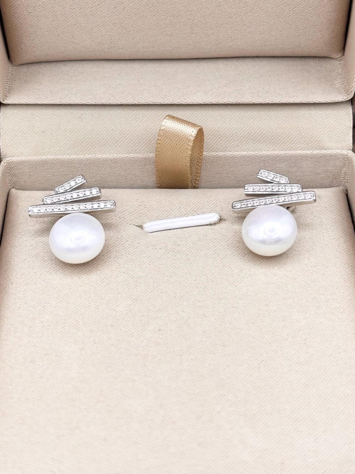 Freshwater Pearl Stud Earrings, 925 Sterling Silver, CZ Bar, Minimalist Elegant Jewelry