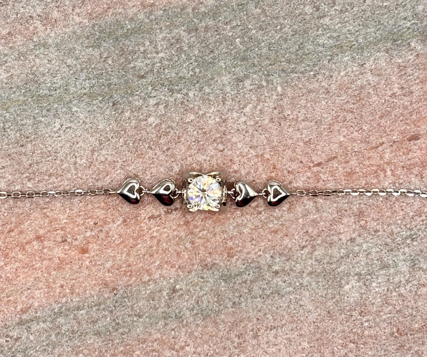 Moissanite Heart Bracelet in Sterling Silver, Dainty Bracelet for Women, Romantic Anniversary Gift