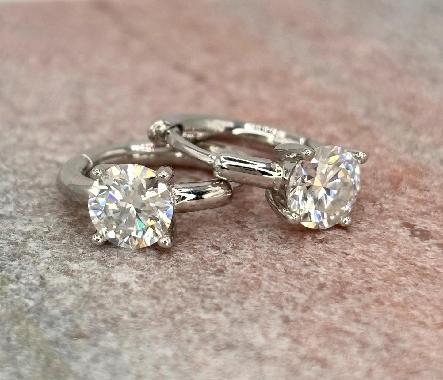 Moissanite Hoop Earrings, Sterling Silver Huggie Earrings, Dainty Minimalist Hoops, Gift for Her