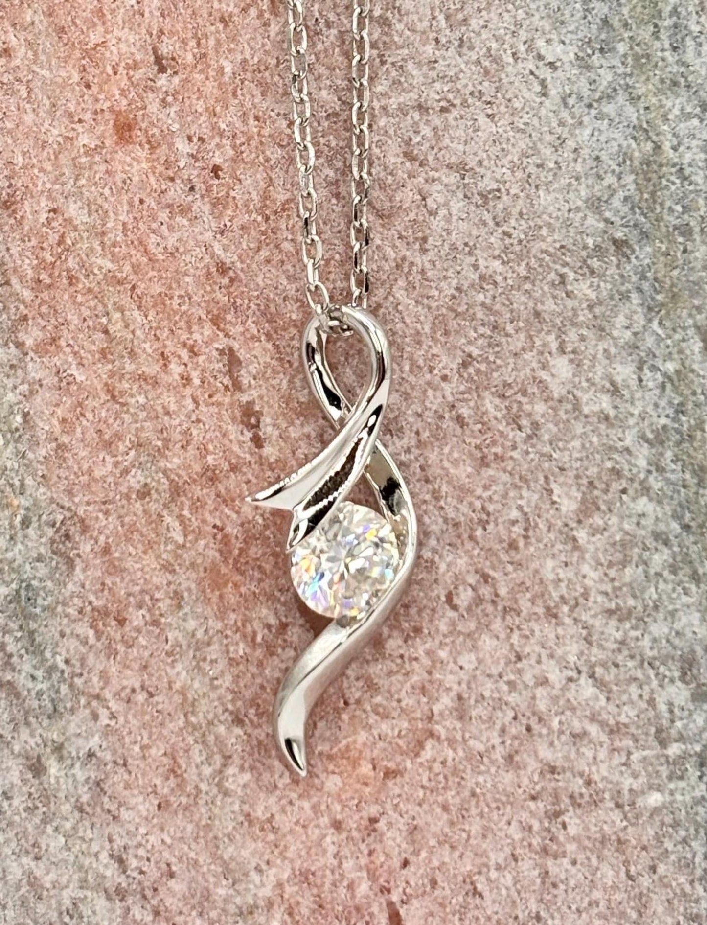 1.00 Carat Moissanite Twist Pendant Necklace, 18K White Gold Plated Sterling Silver