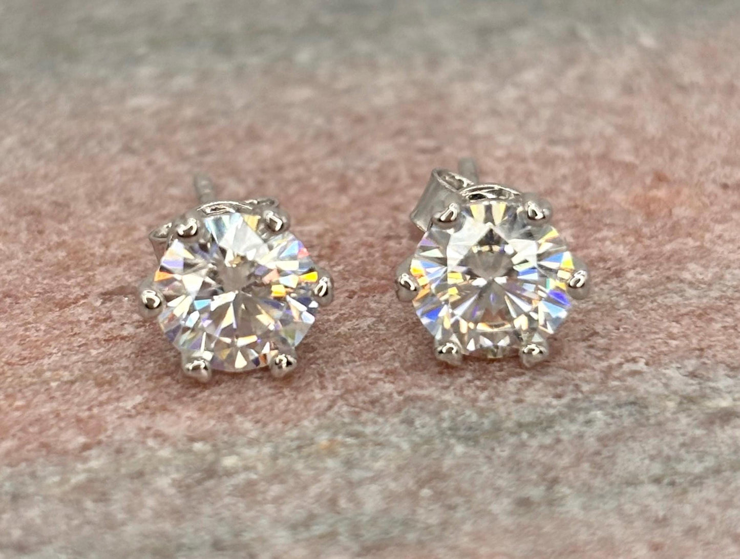 Round Moissanite Stud Earrings 2 Carat Total, Sterling Silver Dainty Earrings, Classic Diamond Look