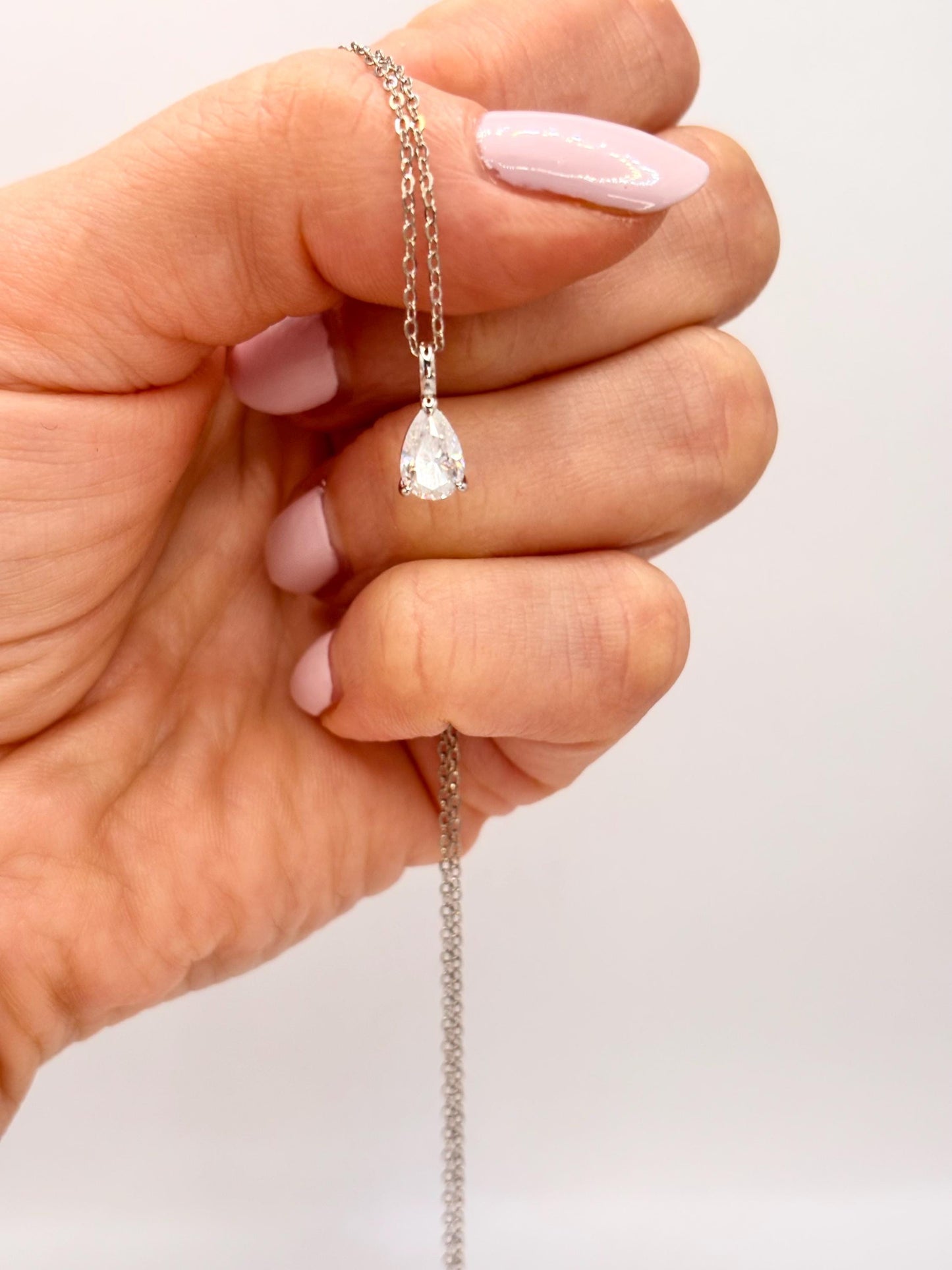 Dainty Pear Cut Moissanite Necklace, 5x8mm Teardrop Pendant, 18K White Gold Plated Sterling Silver