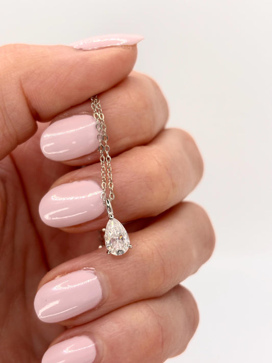Dainty Pear Cut Moissanite Necklace, 5x8mm Teardrop Pendant, 18K White Gold Plated Sterling Silver