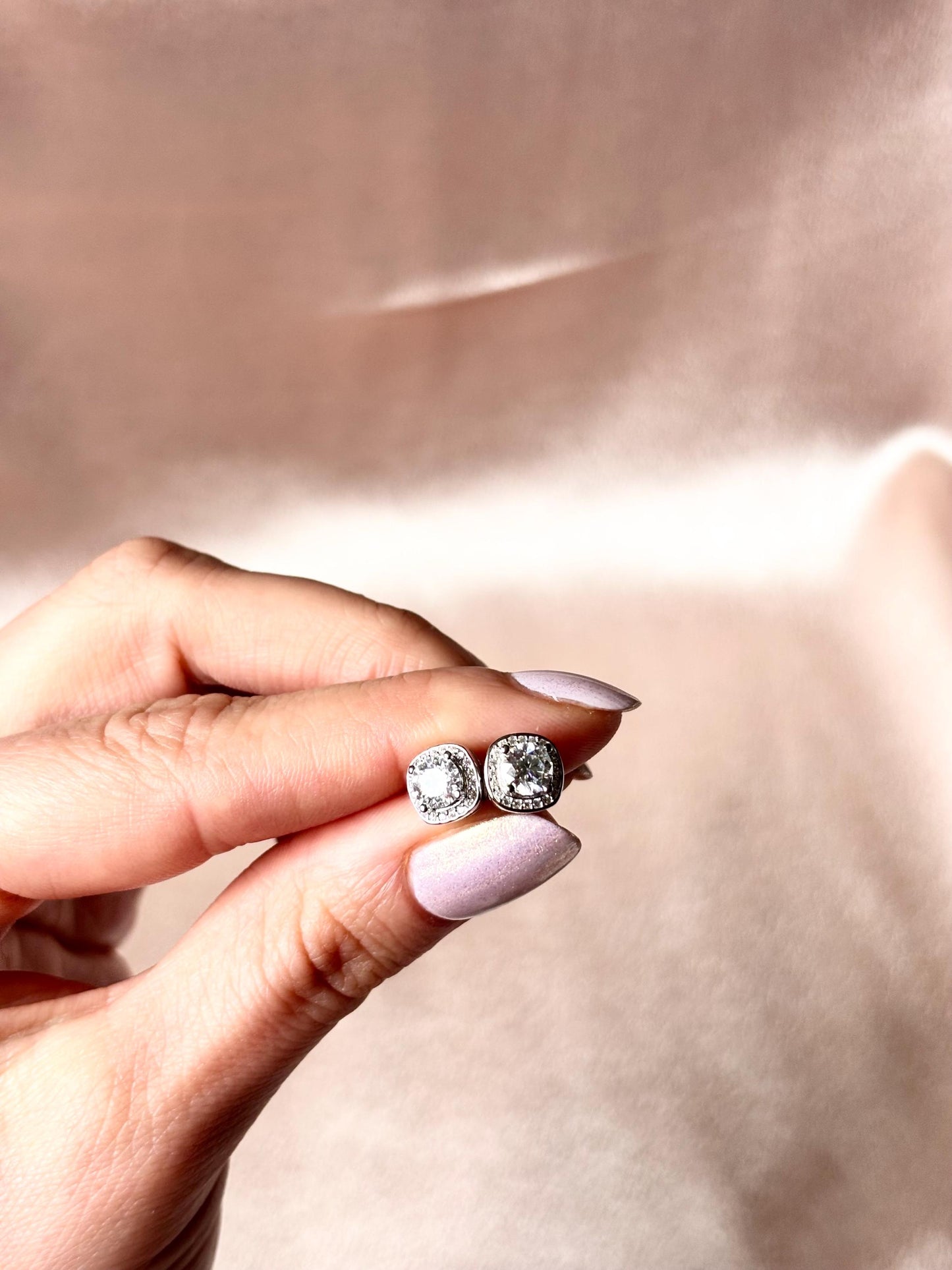 Cushion Cut Moissanite Halo Stud Earrings 1 Carat, Sterling Silver Diamond Alternative Bridal Earrings