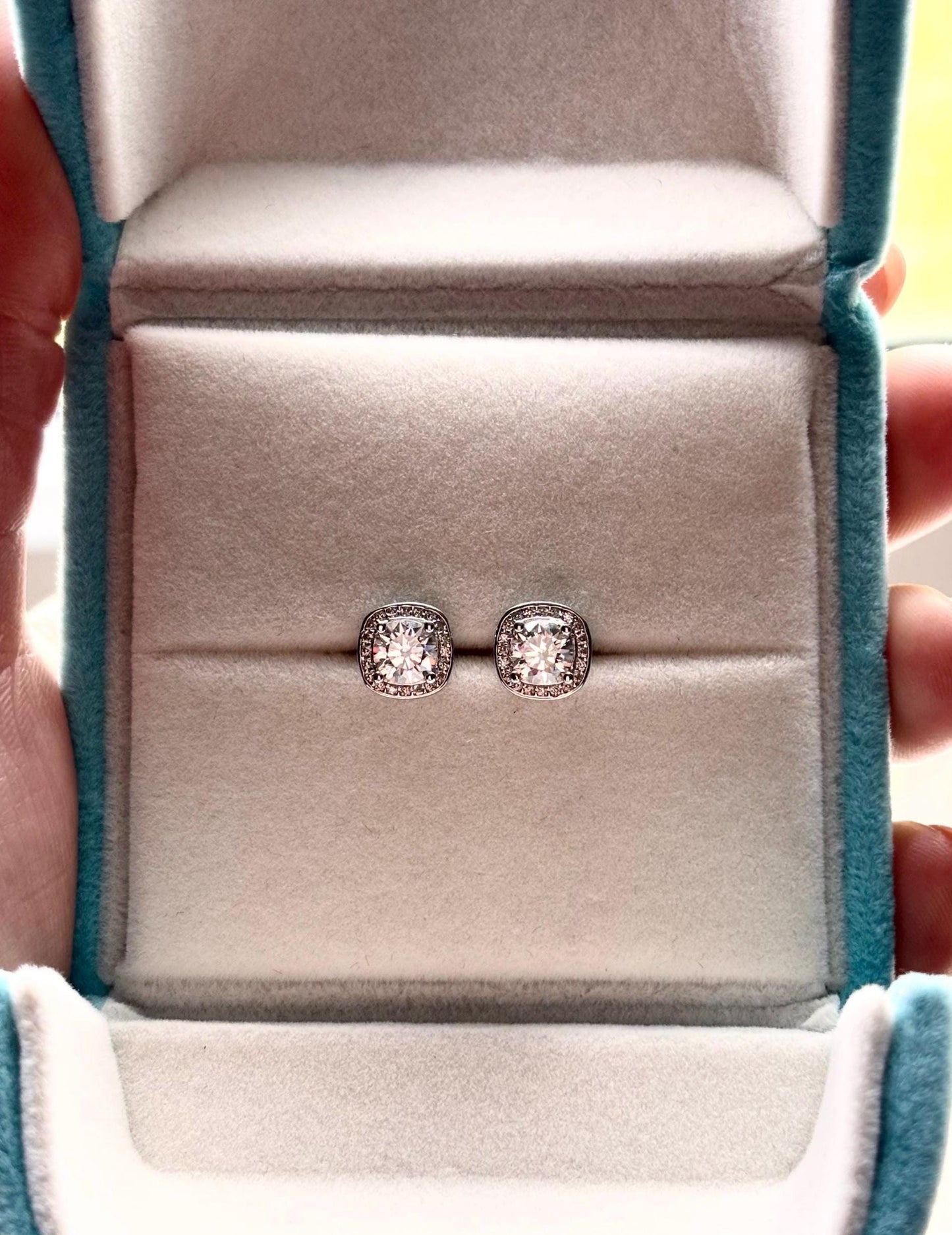 Cushion Cut Moissanite Halo Stud Earrings 1 Carat, Sterling Silver Diamond Alternative Bridal Earrings