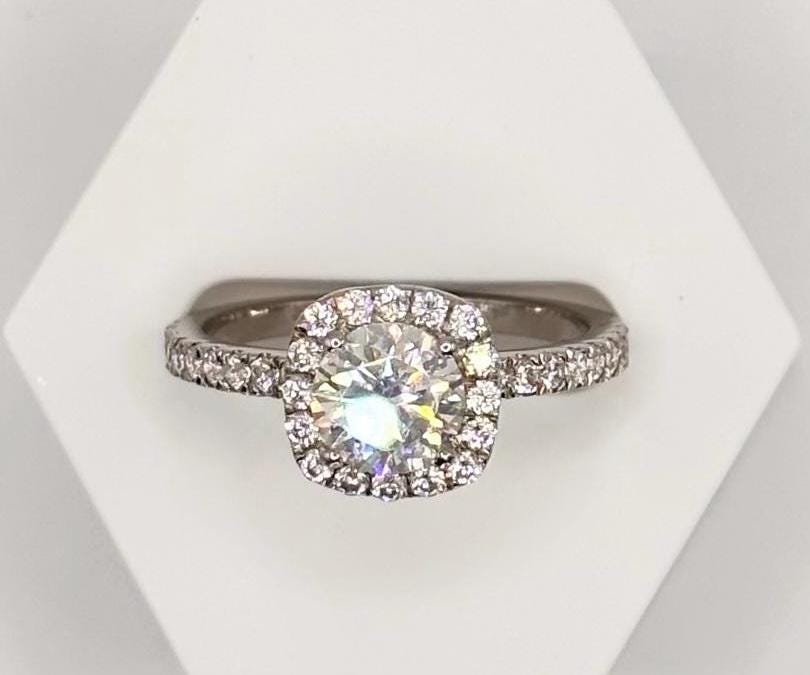 1 Carat Moissanite Halo Engagement Ring, Sterling Silver Bridal Band, Diamond alternative Promise Ring