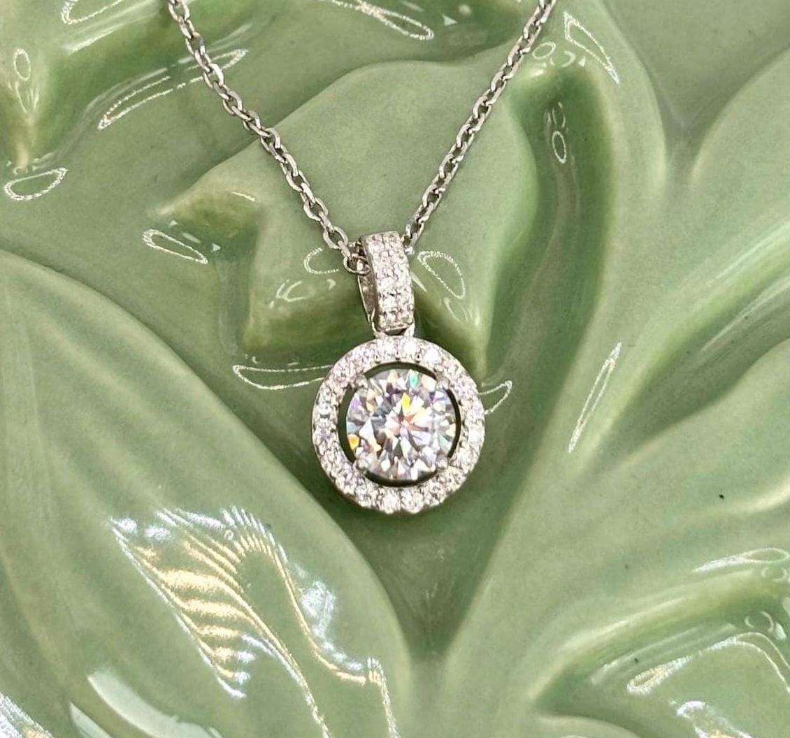 1 Carat Moissanite Halo Necklace, Dainty Everyday Pendant, 18K White Gold Plated Silver Gift