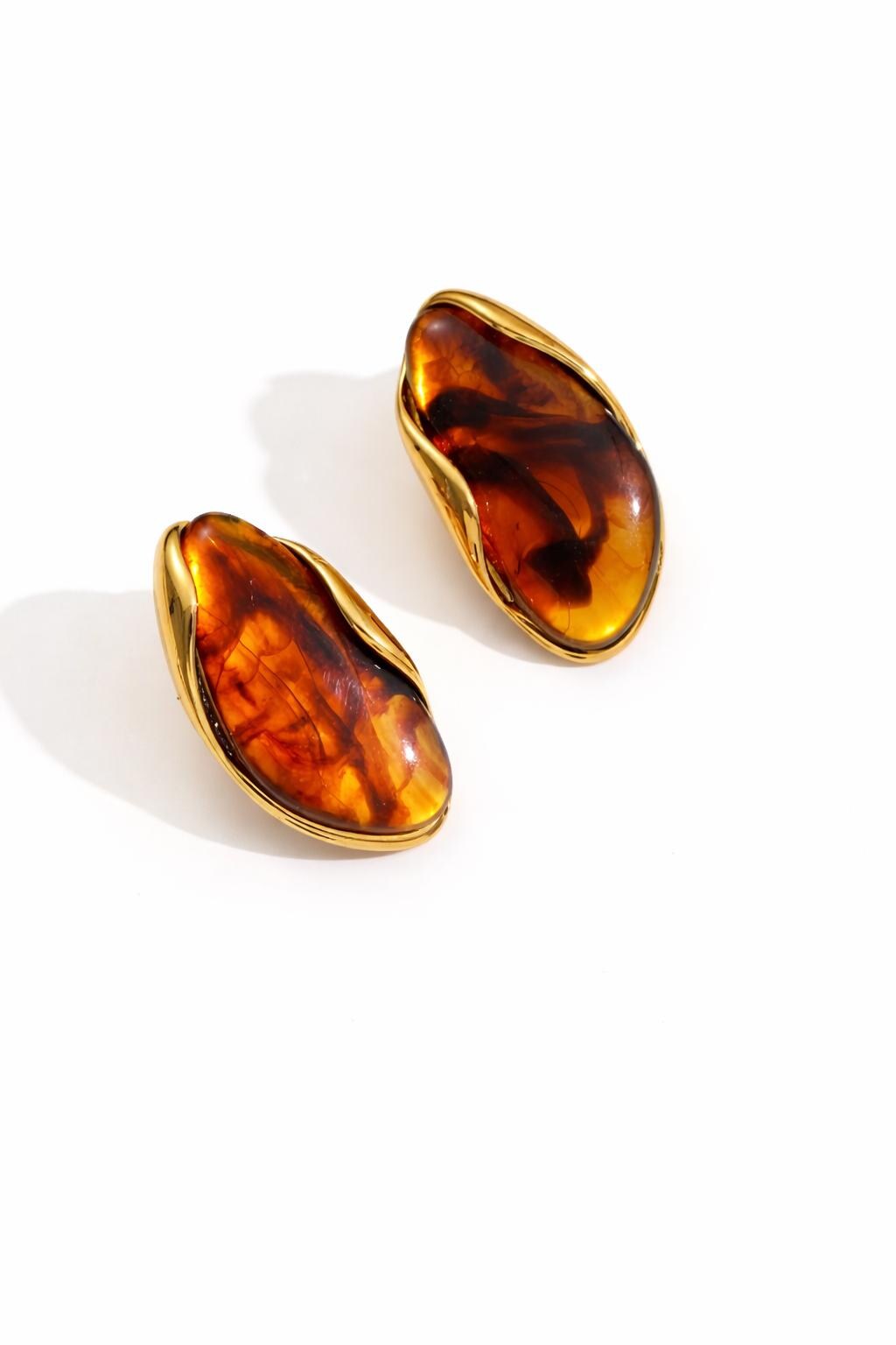 Gold Plated Amber Resin Stud Earrings, Brown Statement Earrings, Vintage Inspired Organic Studs