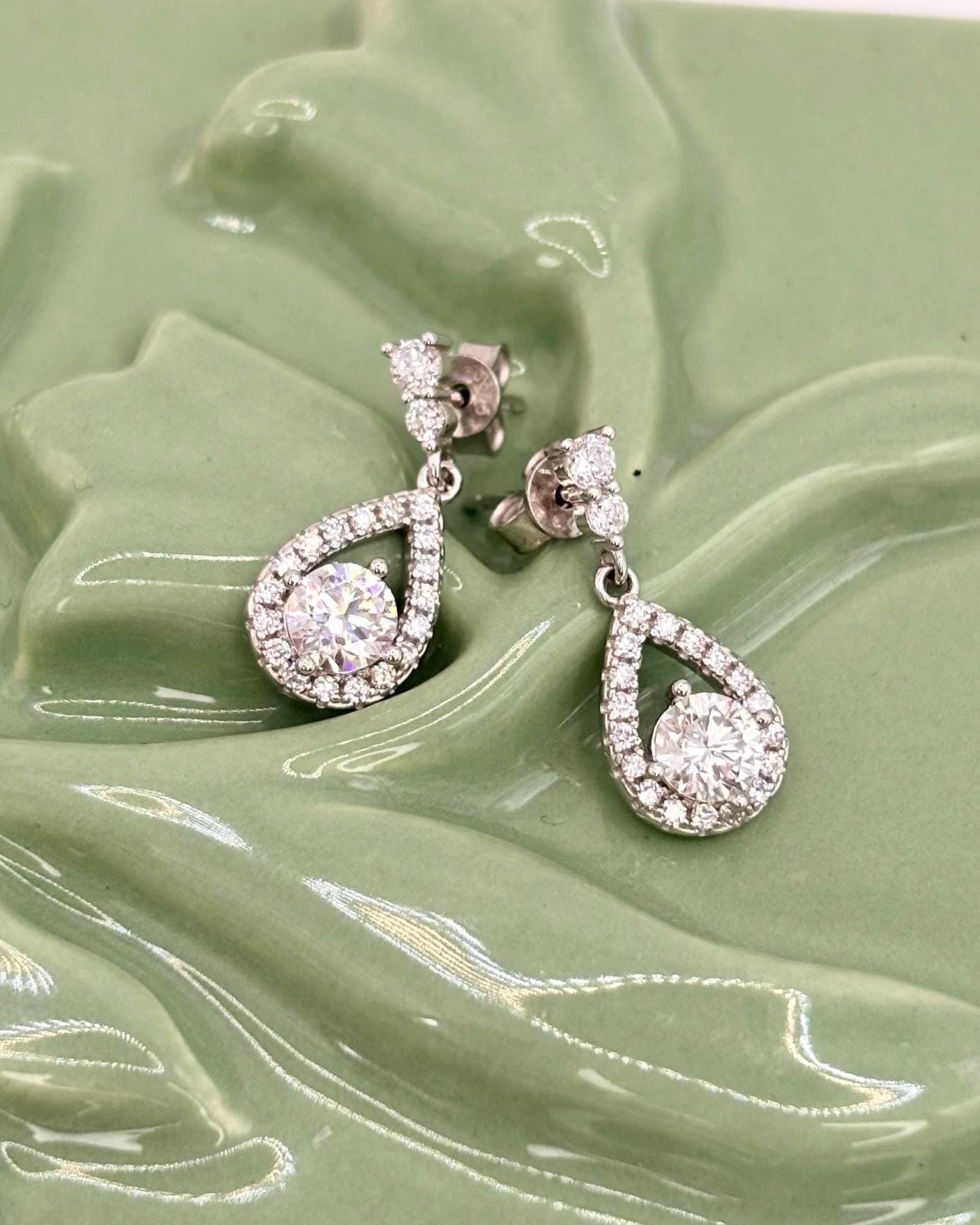 Pear Moissanite Earrings, Sterling Silver Teardrop Dangle, Elegant Statement Jewelry, Classic Occasion Style