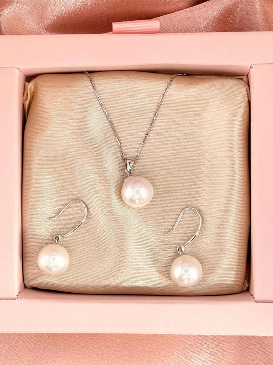 Sterling Silver Freshwater Pearl Necklace Earrings Set, Classic Pearl Jewelry Gift for Women
