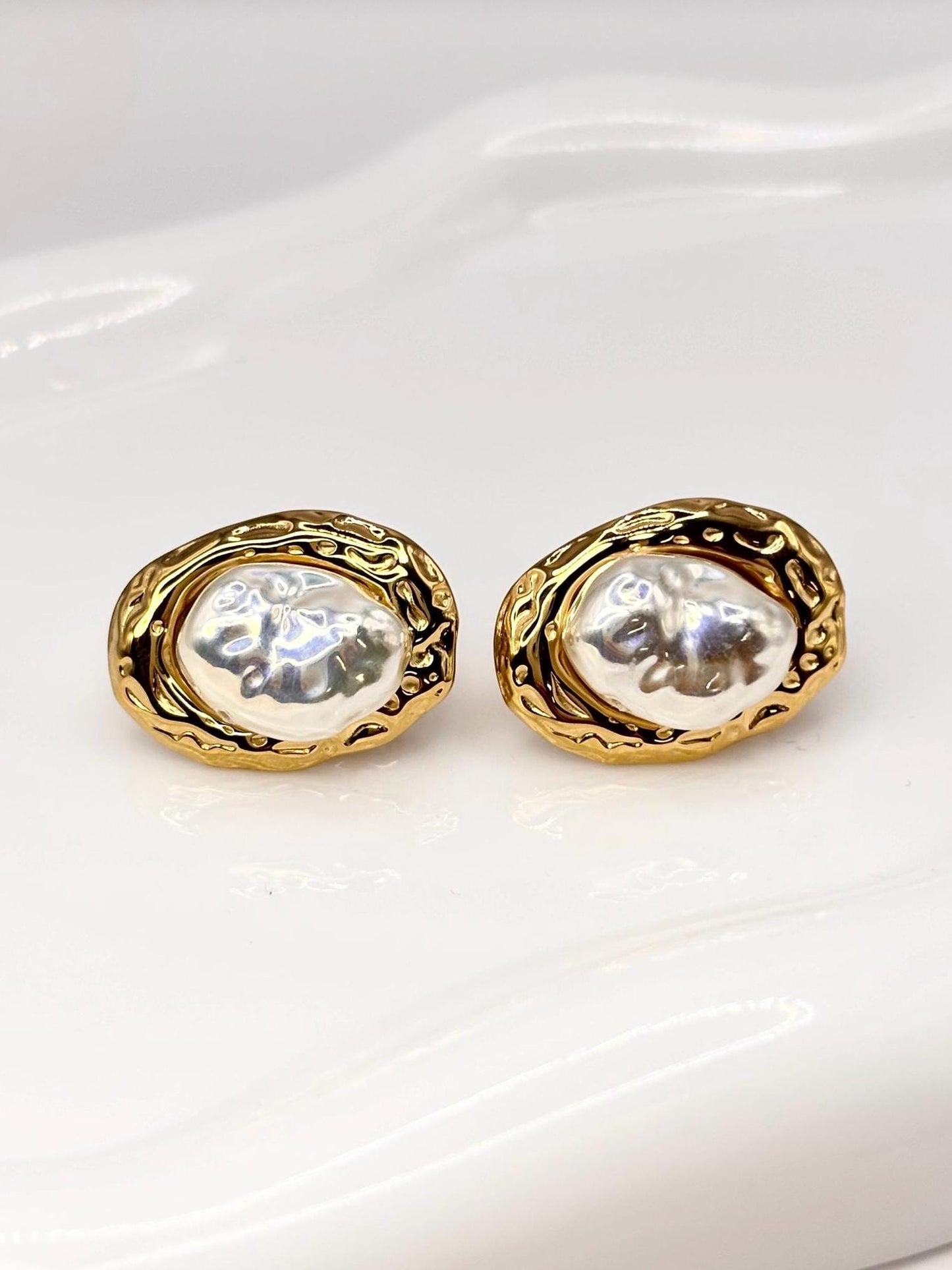 Gold Plated Baroque Pearl Style Stud Earrings, Vintage Inspired Statement Jewelry