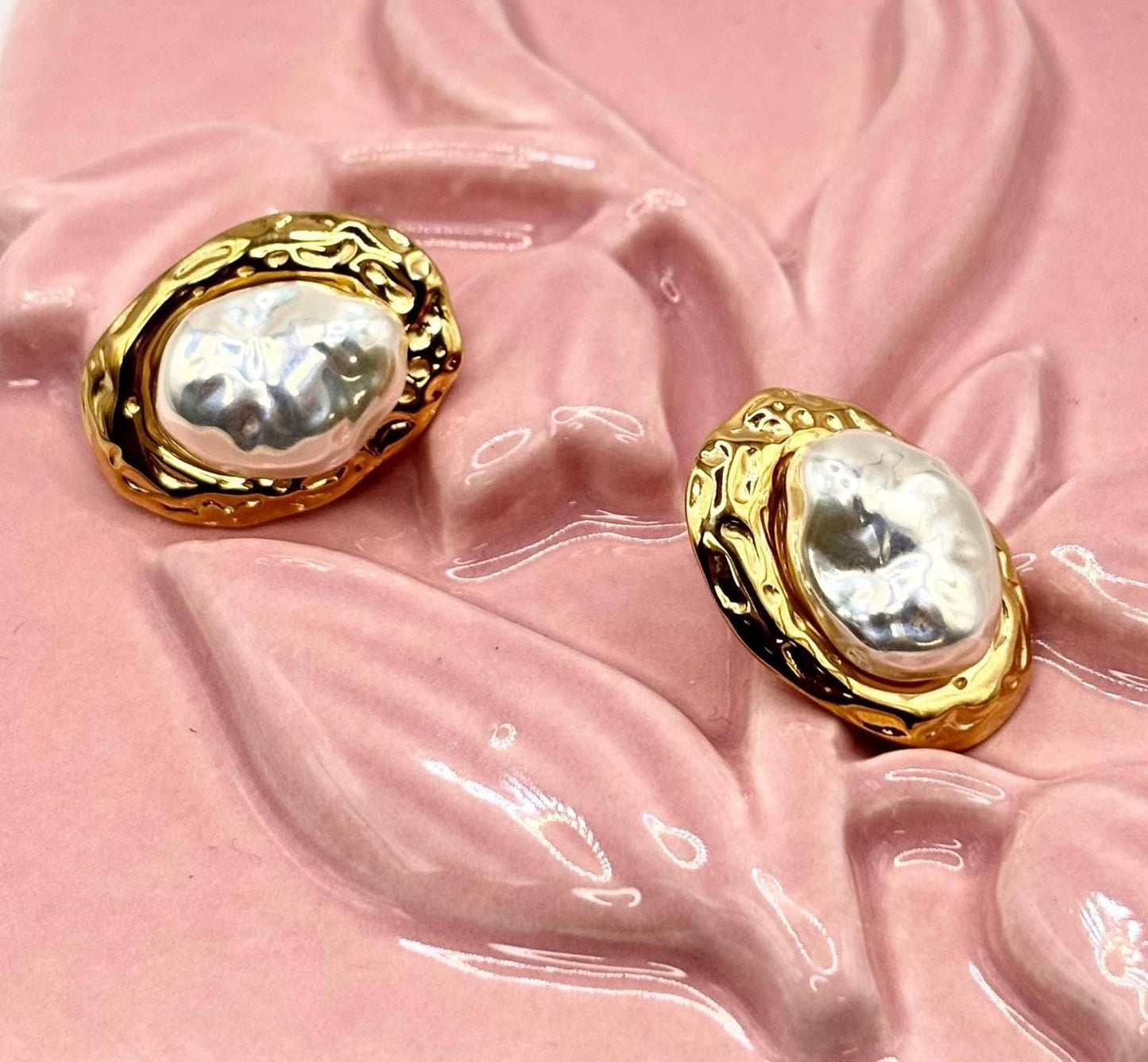 Gold Plated Baroque Pearl Style Stud Earrings, Vintage Inspired Statement Jewelry
