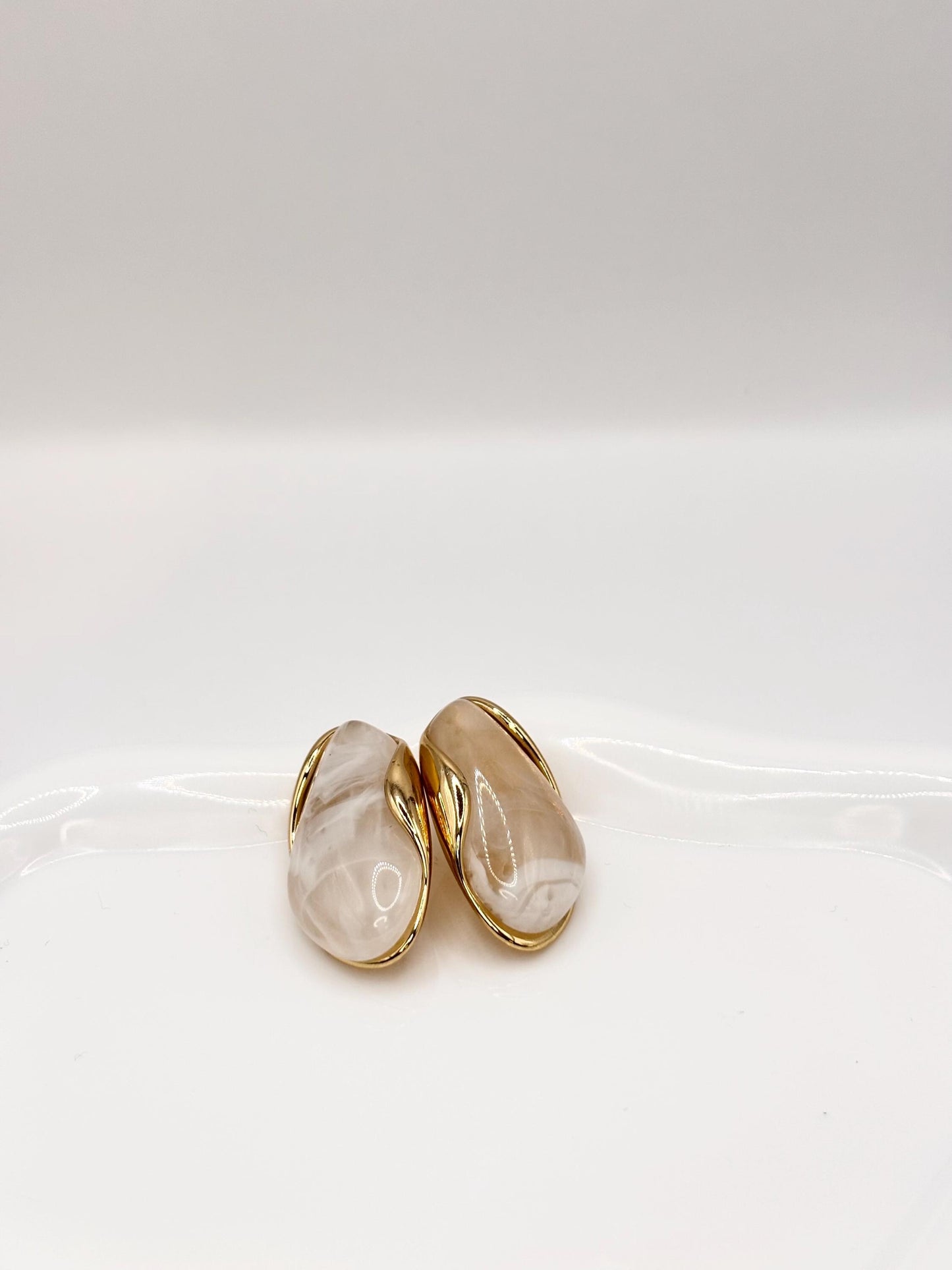 Gold Plated Marbled Resin Stud Earrings, Cream Vintage Inspired Statement