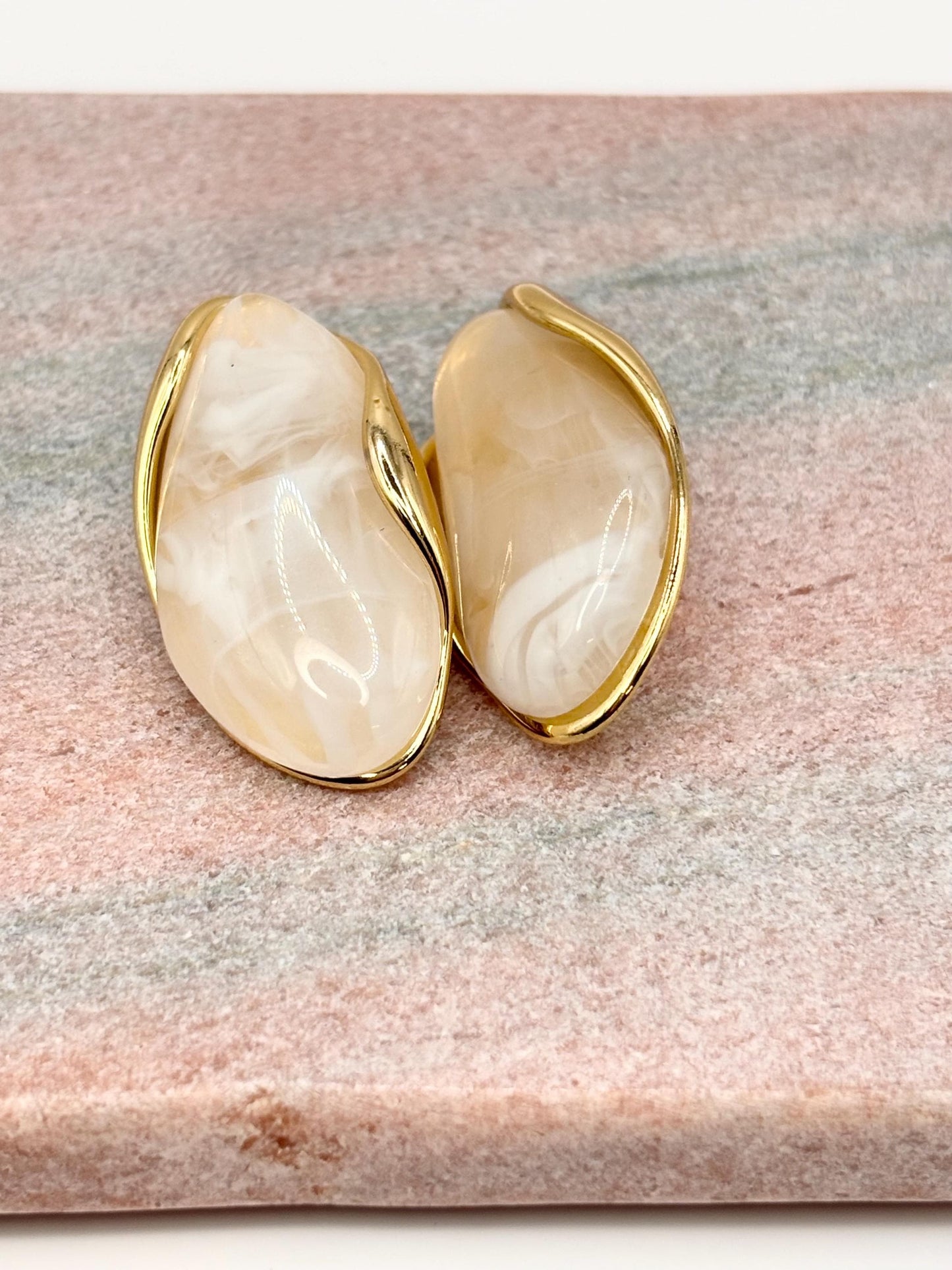 Gold Plated Marbled Resin Stud Earrings, Cream Vintage Inspired Statement