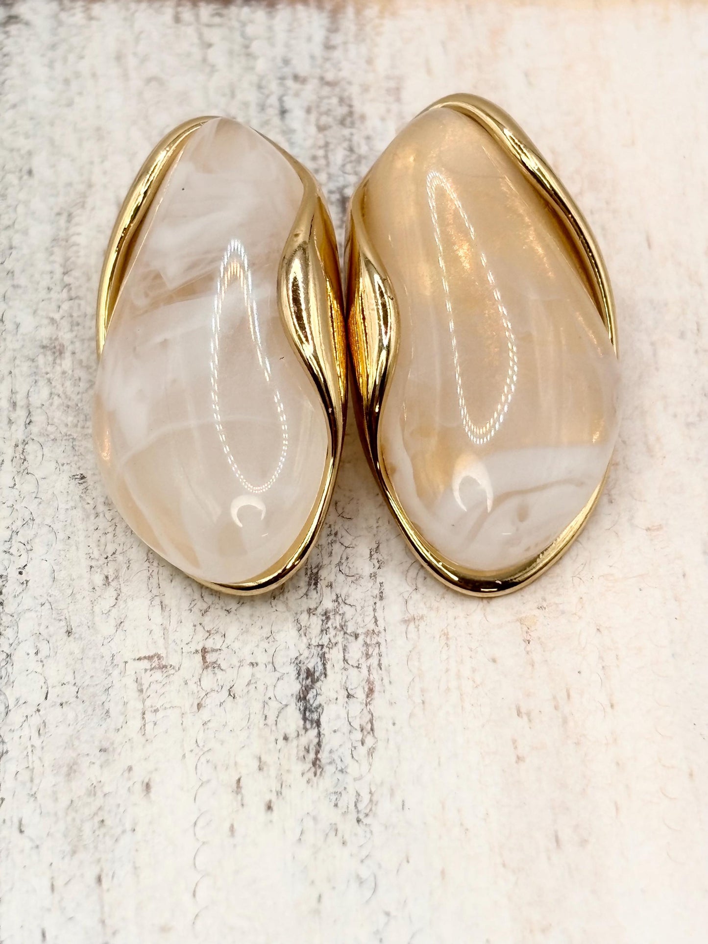 Gold Plated Marbled Resin Stud Earrings, Cream Vintage Inspired Statement