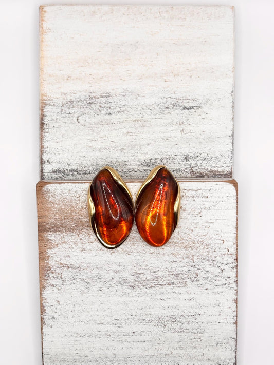 Gold Plated Amber Resin Stud Earrings, Brown Statement Earrings, Vintage Inspired Organic Studs